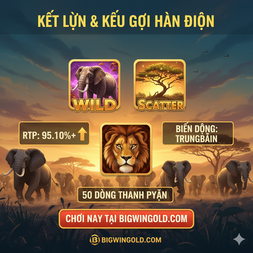 Hình ảnh tổng kết và kêu gọi hành động. Thiết kế theo phong cách infographic hoặc banner quảng cáo chất lượng cao. Bao gồm 3-4 biểu tượng chính của game (Voi Wild, Cây Scatter, Sư tử) và các thông số kỹ thuật quan trọng (RTP: 95.10%+, Volatility: Medium, 50 Paylines). Chèn một nút 'CHƠI NGAY TẠI BIGWINGOLD.COM' rõ ràng ở phía dưới. Màu sắc tươi sáng, sử dụng phông chữ đậm để truyền tải sự hứng thú và thúc đẩy người dùng nhấp chuột.