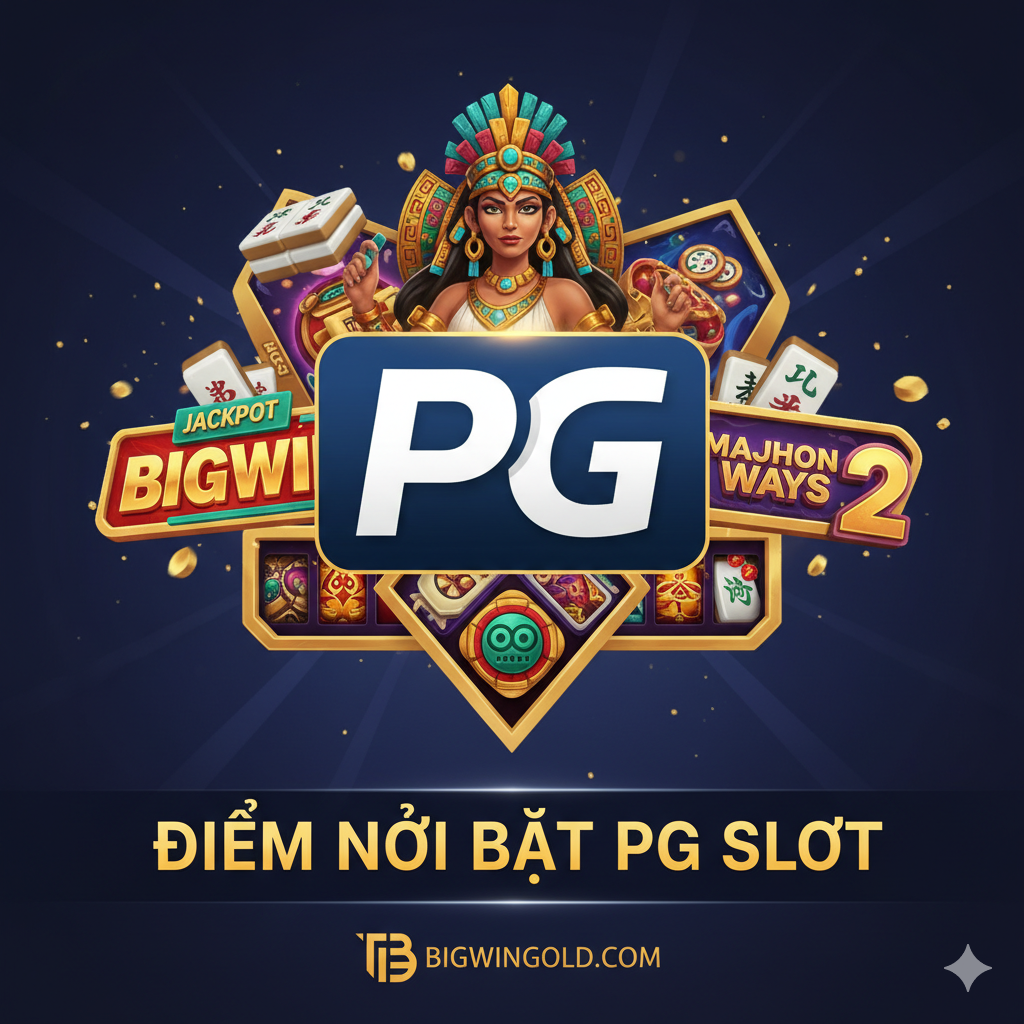 Ảnh bìa mang phong cách hiện đại, rực rỡ và chuyên nghiệp. Chủ đạo là logo PG Soft (PG Slot) lớn, sắc nét đặt ở trung tâm. Phía sau là hình ảnh lồng ghép của các trò chơi nổi tiếng nhất của PG Soft như 'Treasures of Aztec' (nữ thần Aztec) và 'Mahjong Ways 2' (các quân mạt chược). Nền ảnh có màu xanh đậm hoặc tím than (màu sắc thường thấy trong game casino online) với các hiệu ứng ánh sáng vàng/vàng kim lấp lánh (Golden glow) tượng trưng cho 'Jackpot' và 'Bigwin'. Phía trên/dưới có dòng chữ 'PG SLOT: Ông Vua Slot Game Di Động' hoặc 'Điểm Nổi Bật PG Slot' và logo Bigwingold.com nhỏ, tạo sự liên kết thương hiệu.