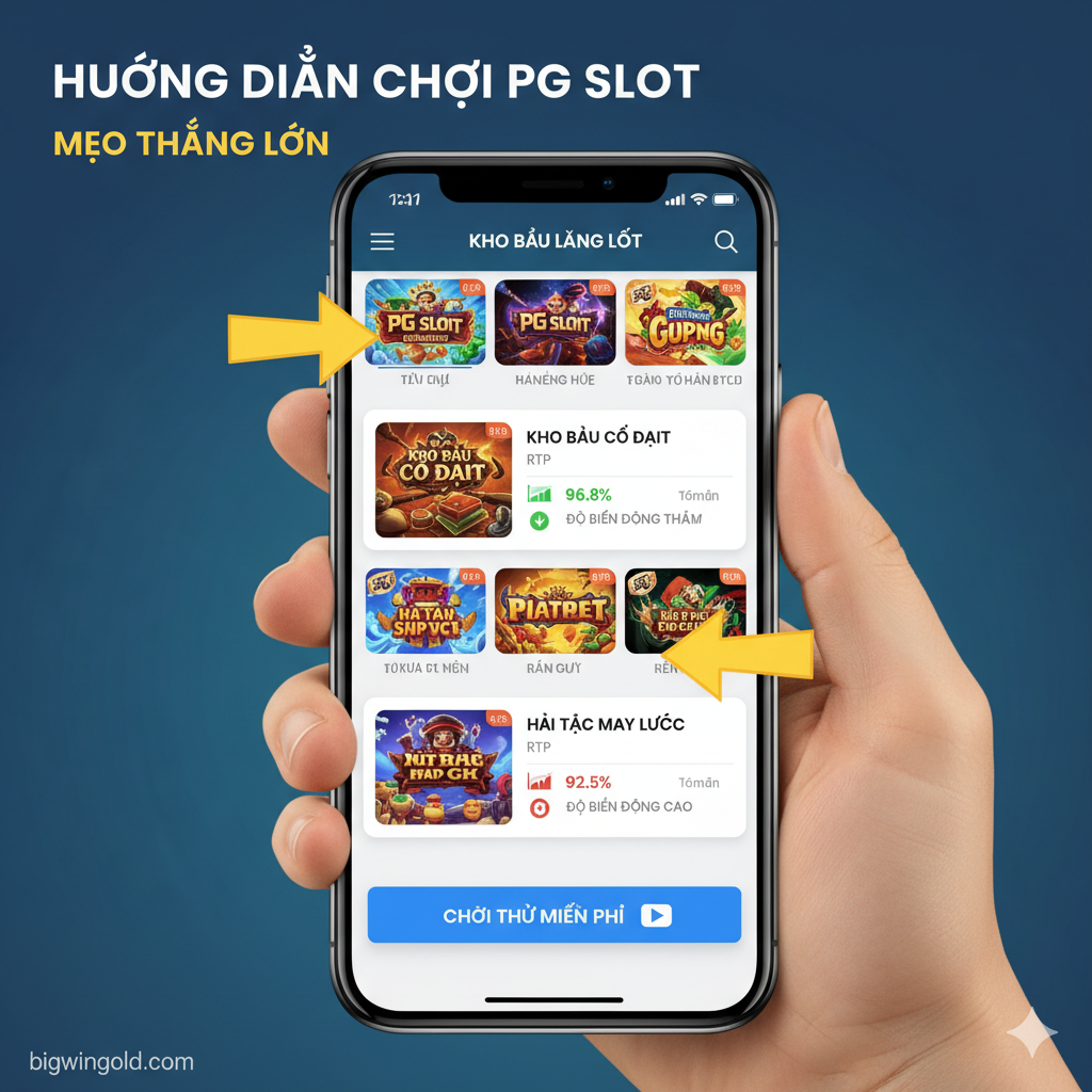 Hình ảnh hướng dẫn chơi, tập trung vào mẹo 'chọn game có RTP cao' và 'chế độ Demo'. Ảnh mô tả một bàn tay đang cầm một chiếc điện thoại thông minh (giao diện dọc) với màn hình hiển thị danh sách các game PG Slot. Bên cạnh màn hình, có các biểu tượng nhỏ đại diện cho: 1. Một biểu đồ/đồ thị với con số 'RTP 96.8%' (màu xanh lá). 2. Một ký hiệu 'Low Volatility' và 'High Volatility' được phân loại rõ ràng. 3. Biểu tượng 'Play Demo' hoặc 'Chơi Thử Miễn Phí'. Phong cách tối giản, sử dụng các icon rõ ràng và mũi tên chỉ dẫn để làm nổi bật các bước quan trọng trong việc lựa chọn game.