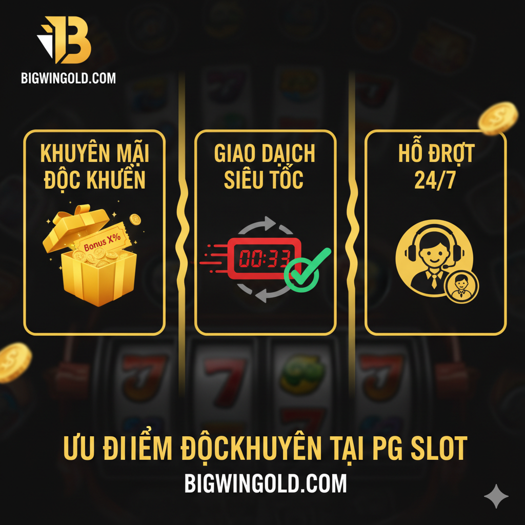Hình ảnh làm nổi bật ưu điểm khi chơi PG Slot tại Bigwingold.com. Thiết kế nên có logo Bigwingold ở vị trí nổi bật. Ảnh nên chia thành 3 phần đại diện cho 3 ưu điểm cốt lõi: 1. Khuyến Mãi Độc Quyền: Biểu tượng hộp quà/coupon vàng và ký hiệu 'Bonus X%'. 2. Giao dịch Siêu Tốc: Biểu tượng đồng hồ đếm ngược nhanh (tốc độ) và dấu kiểm (check mark) màu xanh lá. 3. Hỗ Trợ 24/7: Biểu tượng tai nghe hoặc nhân viên hỗ trợ thân thiện. Sử dụng tông màu chủ đạo của Bigwingold (nếu có thể là vàng/đen hoặc đỏ) để tạo cảm giác uy tín, tin cậy và chuyên nghiệp cho một nhà cái hàng đầu.