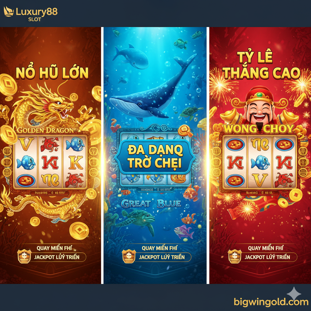 Thiết kế một hình ảnh thể hiện các tính năng cốt lõi của Luxury88 Slot, tập trung vào “Tỷ lệ trúng thưởng cao” và “Trò chơi đa dạng”.