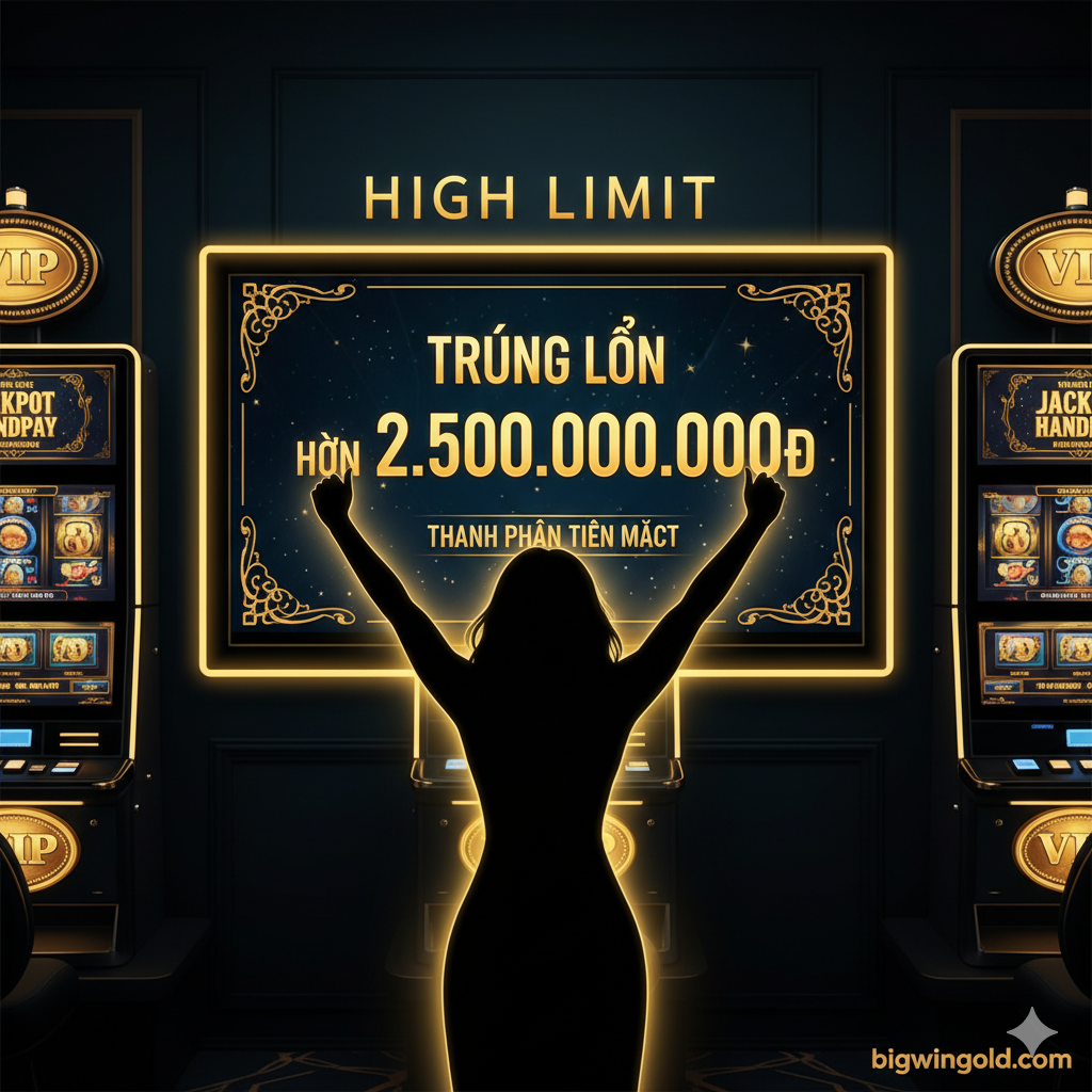 Một hình ảnh chức năng làm nổi bật High Limit và Jackpot Handpay, một phòng VIP老虎机, với ánh sáng vàng và xanh đậm, màn hình hiển thị jackpot $100,000+, và hình bóng người chơi ăn mừng, tượng trưng cho Lady Luck HQ.
