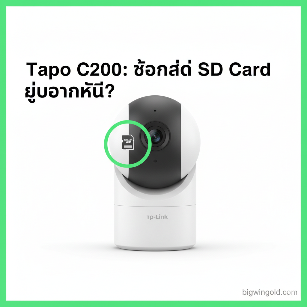 ภาพหน้าปกสไตล์มินิมอลและทันสมัย แสดงกล้องวงจรปิด Tapo C200 สีขาว เด่นอยู่ตรงกลาง พร้อมวงกลมสีเขียวสดใส (สีของ TP-Link/Tapo) ชี้ไปที่บริเวณใต้เลนส์กล้องอย่างชัดเจน (บริเวณที่ซ่อนช่องใส่ SD Card) มีไอคอน Micro SD Card ขนาดเล็กวางอยู่ข้างๆ และข้อความภาษาไทยตัวหนาว่า 'Tapo C200: ช่องใส่ SD Card อยู่ตรงไหน?' ใช้พื้นหลังสีขาวหรือสีเทาอ่อน สะอาดตา เน้นความชัดเจนและดึงดูดความสนใจ.