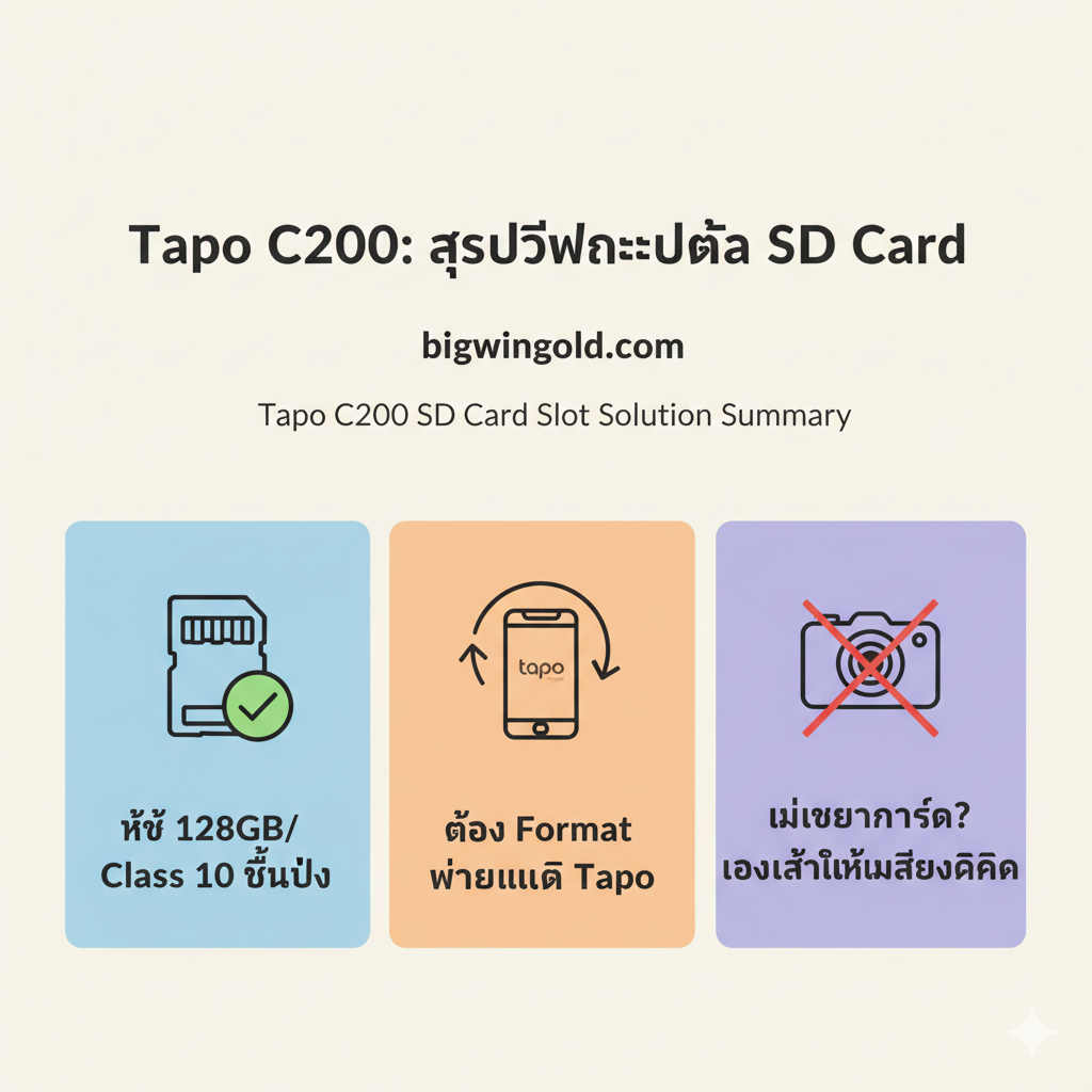 ภาพสรุปคำแนะนำและวิธีแก้ปัญหา Tapo C200 ไม่เจอ SD Card ในรูปแบบของ Infographic ที่ชัดเจนและน่าอ่าน ใช้พื้นหลังสีอ่อนและแบ่งเป็นช่อง (Grid) 3 ช่องหลัก แต่ละช่องมีไอคอนและข้อความสั้นๆ เช่น ช่องแรกมีไอคอนการ์ดและเครื่องหมายถูก พร้อมข้อความ 'ใช้ 128GB/Class 10 ขึ้นไป', ช่องที่สองมีไอคอนลูกศรหมุนวน พร้อมข้อความ 'ต้อง Format ผ่านแอป Tapo', และช่องที่สามมีไอคอนกล้องและเครื่องหมายกากบาท พร้อมข้อความ 'ไม่เจอการ์ด? ลองใส่ให้มีเสียงคลิก' เน้นให้ดูเป็นข้อมูลสรุปที่ใช้แก้ปัญหาได้ทันที.
