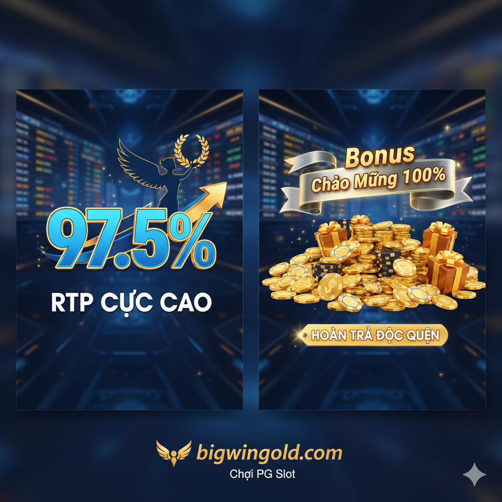 Hình ảnh nhấn mạnh hai ưu điểm chính của bigwingold.com: Tỷ lệ RTP cực cao 97.5% và Khuyến mãi Chào mừng 100% độc quyền.