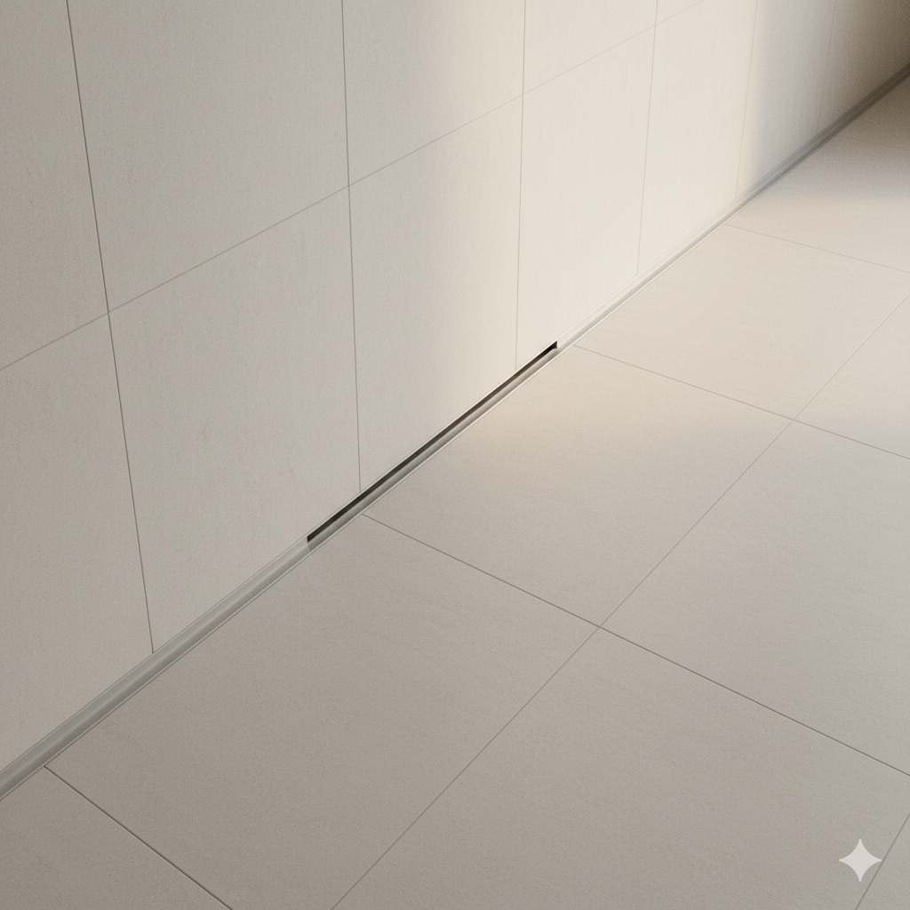 ภาพถ่ายมุมสูงของพื้นห้องน้ำสไตล์มินิมอลหรือพื้นสระว่ายน้ำสีอ่อน (เช่น สีเทาอ่อนหรือเบจ) ที่ถูกติดตั้ง 'infinity slot drain' (รางระบายน้ำแบบซ่อน) อย่างแนบเนียน ให้เห็นเพียงร่องระบายน้ำแคบๆ ที่ยาวไปตามแนวผนังหรือขอบ การจัดแสงเน้นให้เห็นถึงความเรียบเนียนไร้รอยต่อ (Seamless Aesthetic) ของพื้นผิวและกระเบื้องที่วางตัวอย่างสมบูรณ์แบบโดยไม่มีตะแกรงระบายน้ำแบบเดิมๆ รบกวนสายตา โทนสีภาพสว่าง สะอาดตา เน้นความหรูหราแบบ Minimalist Luxury เพื่อดึงดูดกลุ่มลูกค้าของ bigwingold.com