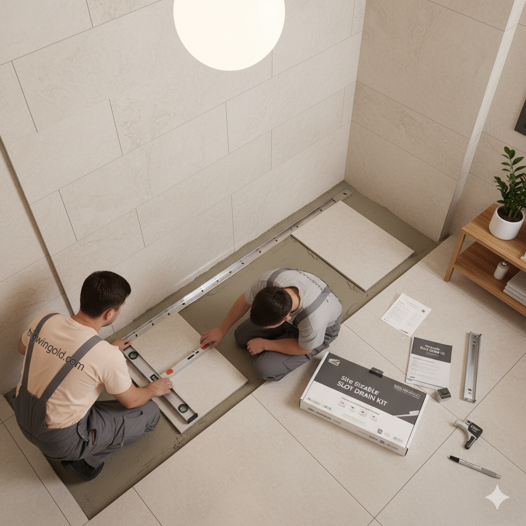 ภาพขั้นตอนการติดตั้งแบบง่ายๆ หรือภาพแสดงผลลัพธ์ของการติดตั้ง 'curbless shower drain' ในห้องอาบน้ำ โดยเน้นให้เห็นการจัดระดับพื้นผิวที่ลาดเอียงไปยังทิศทางเดียวที่ติดตั้งรางระบายน้ำแบบซ่อน ภาพประกอบควรแสดงการใช้ 'slot drain kit' ที่สามารถปรับขนาดได้ (Site Sizable) และการจัดเรียงกระเบื้องที่ตัดได้อย่างแม่นยำตามแนวรางระบายน้ำ โทนสีอบอุ่น เน้นแสงสว่างจากด้านบน แสดงถึงความสะอาดและความสะดวกในการทำงาน ช่างผู้ติดตั้งควรสวมชุดที่ดูเป็นมืออาชีพเพื่อสื่อถึงคุณภาพงานติดตั้งที่ bigwingold.com ให้คำแนะนำ