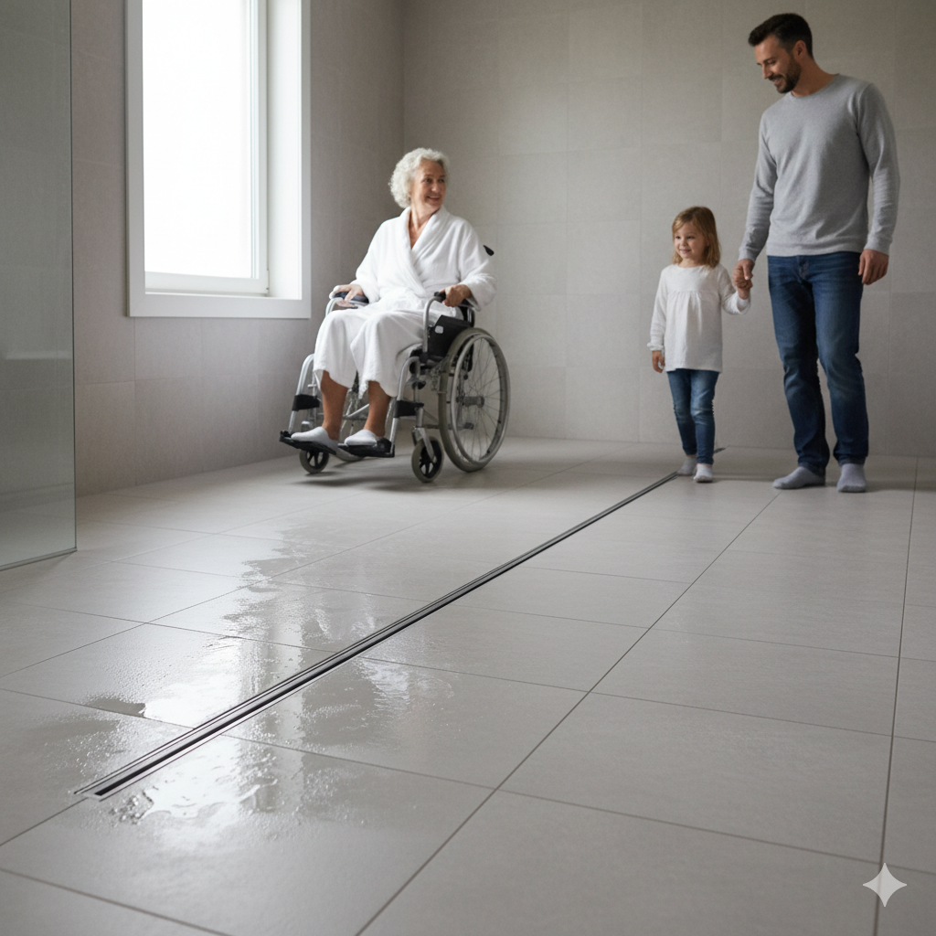 ภาพเน้นข้อดีด้านความปลอดภัยและการออกแบบ 'Barrier-Free' (ไร้สิ่งกีดขวาง) แสดงภาพห้องน้ำที่ติดตั้ง 'infinity slot drain' แบบไร้ขอบ (Curbless) โดยมีภาพบุคคล (อาจเป็นผู้สูงอายุหรือผู้ใช้รถเข็น) กำลังเคลื่อนไหวในพื้นที่นั้นได้อย่างราบรื่นและปลอดภัย พื้นที่ดูสะอาดและแห้ง ภาพเน้นองค์ประกอบของน้ำที่ระบายอย่างรวดเร็วผ่านร่องเล็กๆ และการจัดแสงที่ทำให้พื้นผิวดูสม่ำเสมอและไม่ลื่น โทนสีสดใสและให้ความรู้สึกอบอุ่น เน้นความเป็นมิตรต่อผู้ใช้งานทุกคนในครอบครัว