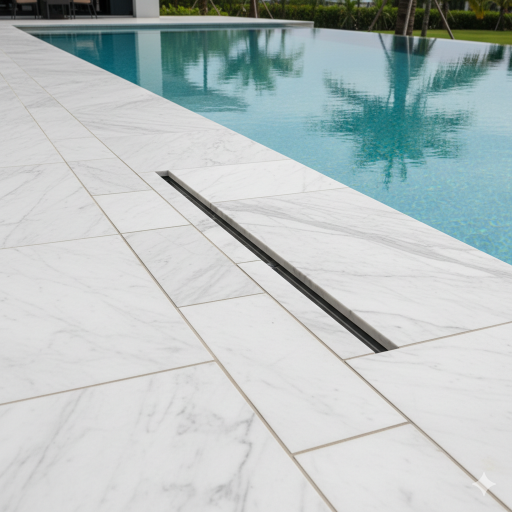 ภาพถ่ายมุมกว้างของพื้นที่กลางแจ้งหรูหรา เช่น ขอบสระว่ายน้ำ (Pool Deck) หรือระเบียงดาดฟ้าคอนโดมิเนียมระดับพรีเมียม ที่ติดตั้ง 'Slot Drain' เพื่อระบายน้ำฝนหรือน้ำล้นจากสระอย่างมีประสิทธิภาพและสวยงาม การจัดองค์ประกอบภาพเน้นความต่อเนื่องของพื้นผิวปูพื้น (เช่น หินอ่อนหรือไม้สังเคราะห์) ที่ทอดยาวไปจนสุดขอบโดยมีรางระบายน้ำซ่อนอยู่ โทนสีฟ้าของน้ำในสระตัดกับสีขาว/เทาของพื้นผิว เน้นความรู้สึกหรูหรา (Luxury Finish) และความทันสมัย ซึ่งเป็นภาพสรุปการลงทุนที่คุ้มค่าและยกระดับดีไซน์ตามที่ bigwingold.com นำเสนอ