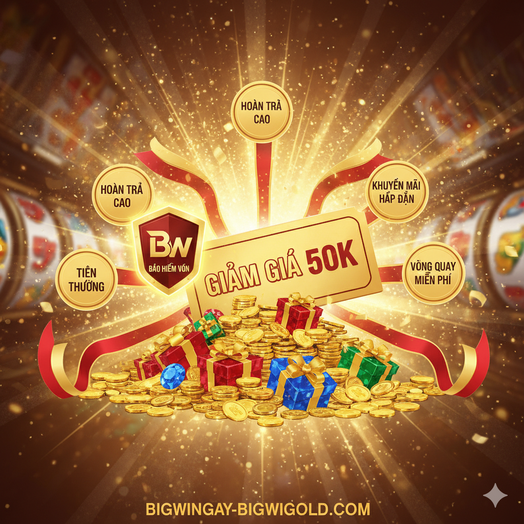 展示平台优势的图片，重点突出'Khuyến Mãi'和'Hoàn Trả Cao'。画面中心应是堆积如山的金币、礼盒和'50K'的巨大优惠券，周围有'Cashback'和'Free Spins'的标签。构图采用放射状，将所有优势点从中心向外扩散，增强视觉冲击力。应包含一个'Bảo hiểm vốn'的盾牌图标，强调Bigwingold的可靠性和对玩家的保护，整体风格应充满活力和吸引 dẫn, sử dụng高饱和度的色彩。