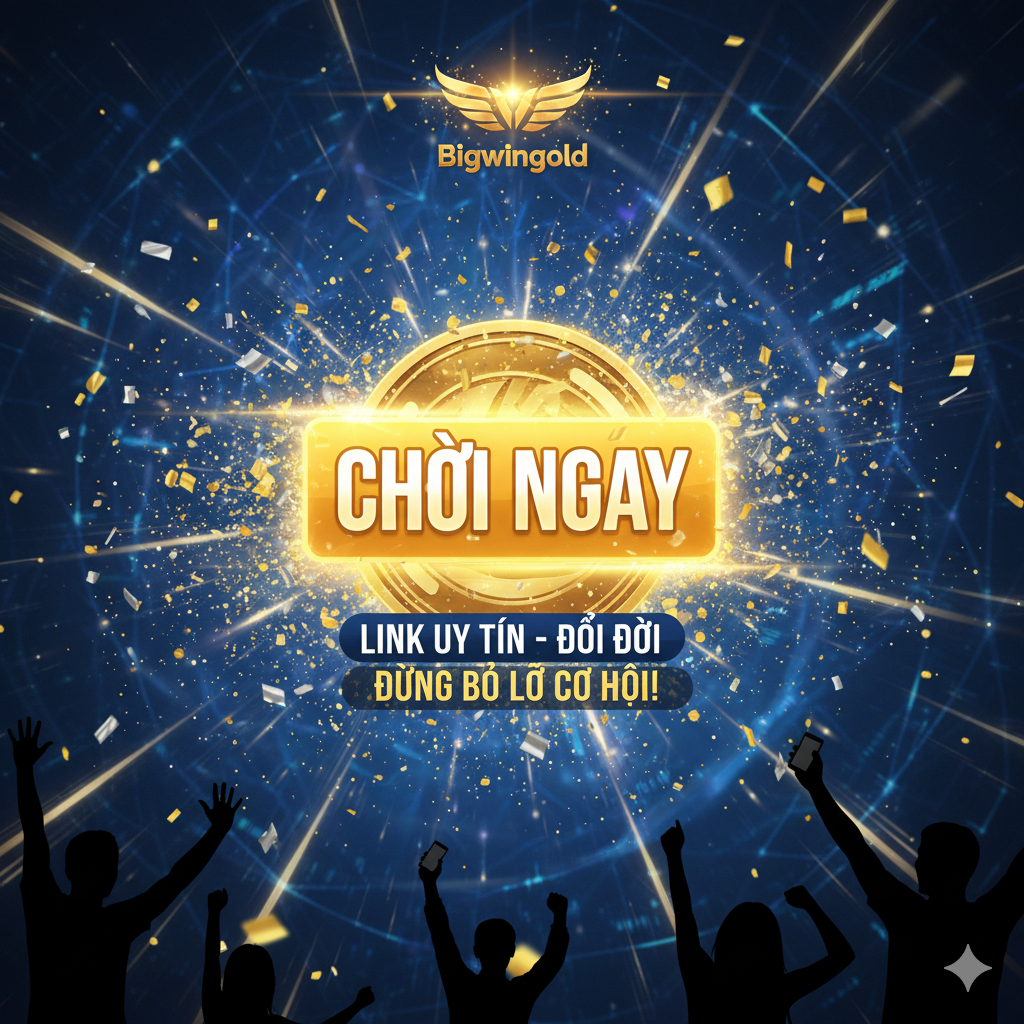 总结与行动号召（CTA）的图片。画面中央是一个巨大的'Play Now'或'CHƠI NGAY'按钮，周围是各种胜利和庆祝的元素：爆炸的纸屑、胜利的玩家剪影（或手举手机庆祝的画面）、以及一个闪烁的'Bigwingold' Logo。背景应是抽象的，代表着成功 và nhanh chóng kết nối (Link Uy Tín). Tổng thể gọn gàng và mạnh mẽ, thúc đẩy người dùng nhấp vào và đăng ký, truyền tải sự cấp bách 'Đừng bỏ lỡ' và hy vọng 'Đổi Đời'.