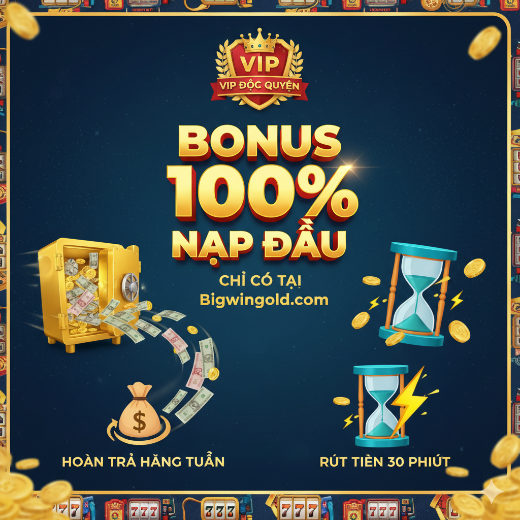 Hình ảnh tập trung vào các ưu đãi và lợi ích độc quyền (mục IV & V). Bố cục nên là một tấm áp phích quảng cáo rực rỡ. Các yếu tố chính bao gồm: 1. Biểu tượng 'Hoàn Trả Hàng Tuần' (Cashback) dưới dạng một chiếc két sắt mở hé hoặc tiền bay về. 2. Một huy hiệu VIP lấp lánh. 3. Biểu tượng tốc độ '30 phút Rút Tiền' (Fast Payout) với đồng hồ cát hoặc tia chớp. 4. Một banner lớn với dòng chữ 'BONUS 100% Nạp Đầu' nổi bật. Phong cách nên là Dynamic, thể hiện sự gấp gáp, hấp dẫn của các chương trình khuyến mãi độc quyền chỉ có tại Bigwingold.