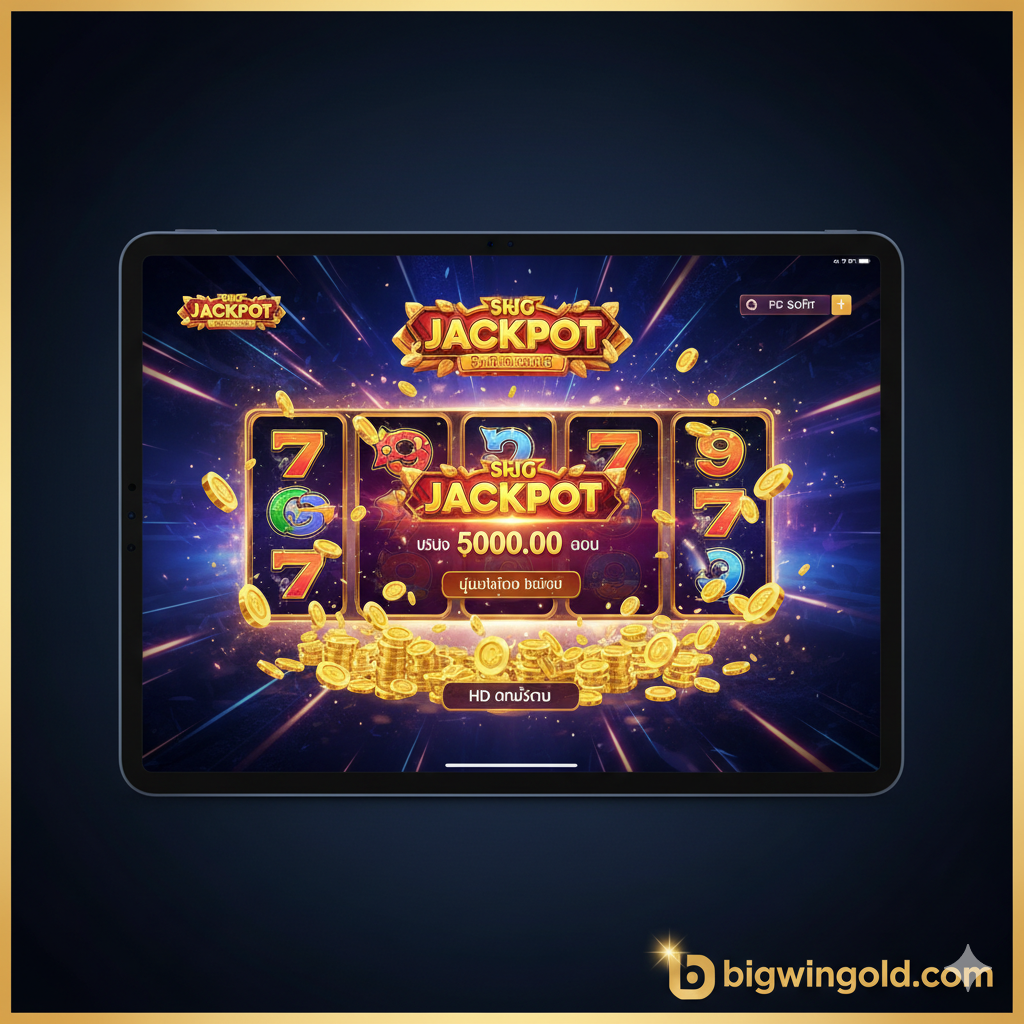 一张吸引眼球的封面图，主题是'สล็อต iPad เงินจริง'。ภาพกลางเป็น iPad Pro จอแสดงเกมสล็อต PG Soft สีสันสดใส ความละเอียดสูง พร้อมเอฟเฟกต์แจ็คพอต มีโลโก้ bigwingold.com อยู่มุมล่าง