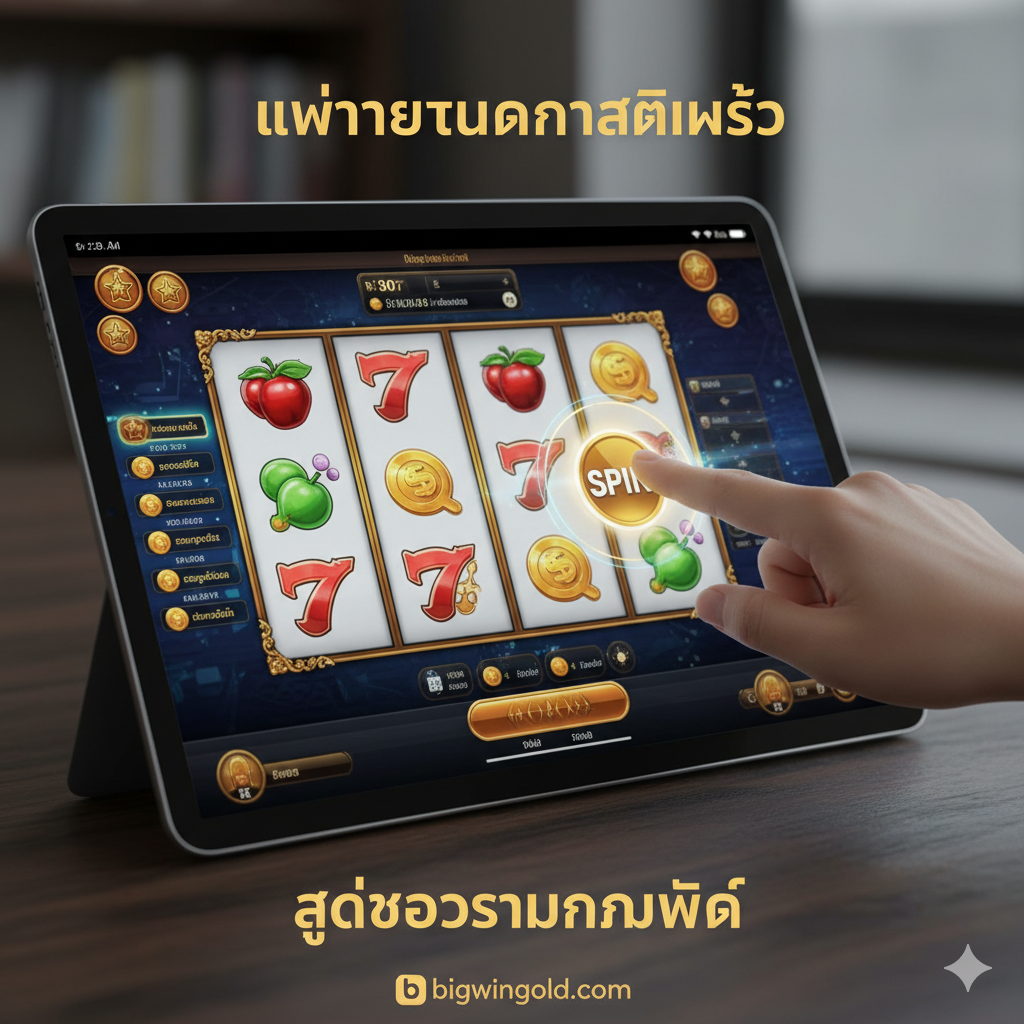 ภาพโคลสอัพที่แสดงนิ้วมือแตะปุ่ม Spin ขนาดใหญ่บนหน้าจอ iPad ที่แสดงเกมสล็อตอย่างคมชัด มีข้อความภาษาไทยว่า 'แม่นยำทุกการสัมผัส'