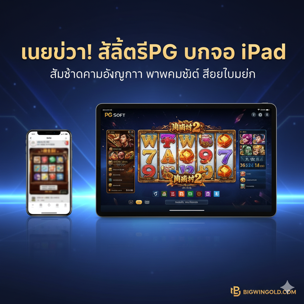 ภาพเปรียบเทียบแบบแบ่งครึ่ง: ด้านซ้ายเป็นหน้าจอมือถือที่แสดงเกมสล็อตแบบมัวๆ ด้านขวาเป็นหน้าจอ iPad ที่แสดงเกม PG Soft 3D คมชัดพร้อมแอนิเมชันที่สวยงาม มีข้อความ 'เหนือกว่า! สล็อต PG บนจอ iPad'