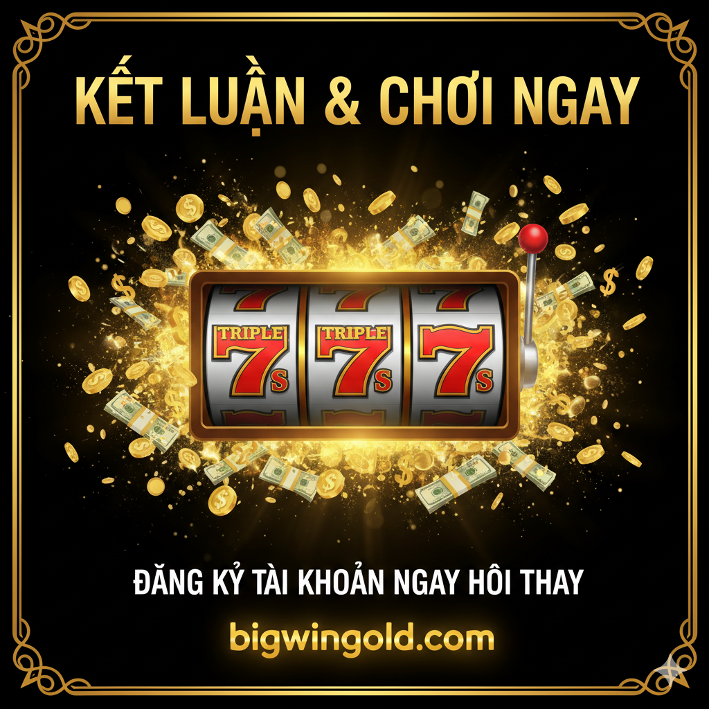 Tổng kết và kêu gọi hành động cho Bars and 7s slot tại Bigwingold, hiển thị Triple 7s trên cuộn quay với vàng và tiền mặt, khuyến khích người chơi 'Đăng ký tài khoản ngay hôm nay'.