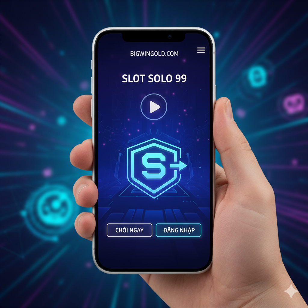 功能特性图片，强调bigwingold.com提供的“solo 99 slot ทางเข้า”的移动端兼容性和独家游戏功能。画面中展示一只手握着一部亮着屏幕的智能手机，手机屏幕上是bigwingold.com/solo-99-slot的登录界面或游戏大厅截图。背景是模糊的，但有代表快速、流畅和安全的网络连接的抽象线条和符号。色彩以科技感十足的青色和紫色渐 biến为主，突出其便捷性（功能）。构图聚焦于手机屏幕，强调“随时随地，一键直达”的便利性，象征独家通道的图标应清晰可见。