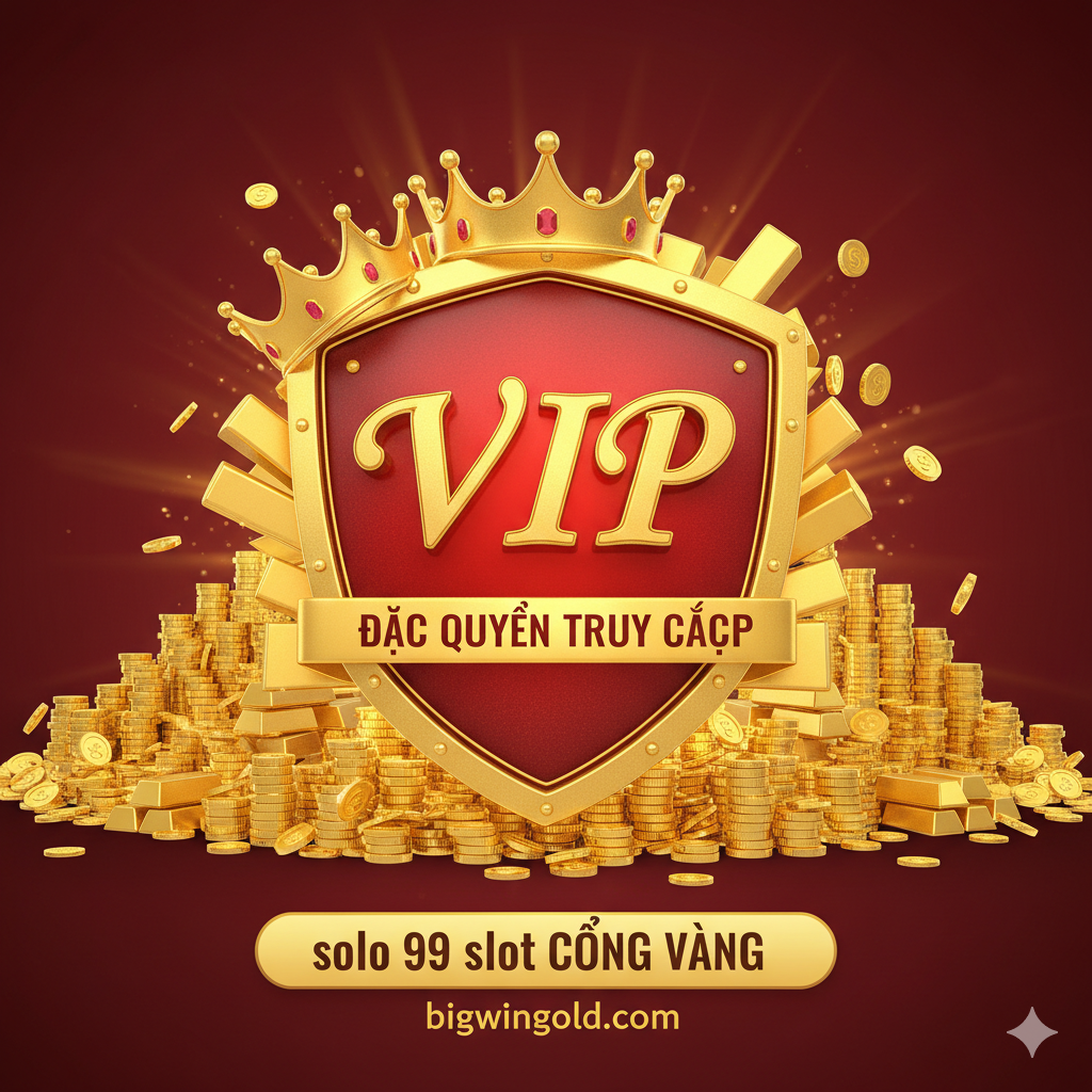 Ưu thế hình ảnh, tập trung vào VIP cấp độ và lợi ích của đường link “solo 99 slot ทางเข้า” do Bigwingold cung cấp. Hình ảnh một tấm khiên hoặc huy hiệu sang trọng có in chữ “VIP” hoặc “Độc Quyền”, bao quanh bởi vàng, vương miện và tiền xu chất đống. Bối cảnh màu đỏ đậm hoặc đỏ tía, làm nổi bật không khí danh dự và độc quyền. Bố cục đối xứng trung tâm, làm nổi bật uy quyền và sự giàu có. Phong cách hình ảnh là minh họa 3D chi tiết cao hoặc sang trọng, gợi ý mạnh mẽ rằng sử dụng lối vào độc quyền này mang lại đặc quyền chơi game và lợi ích cao hơn.