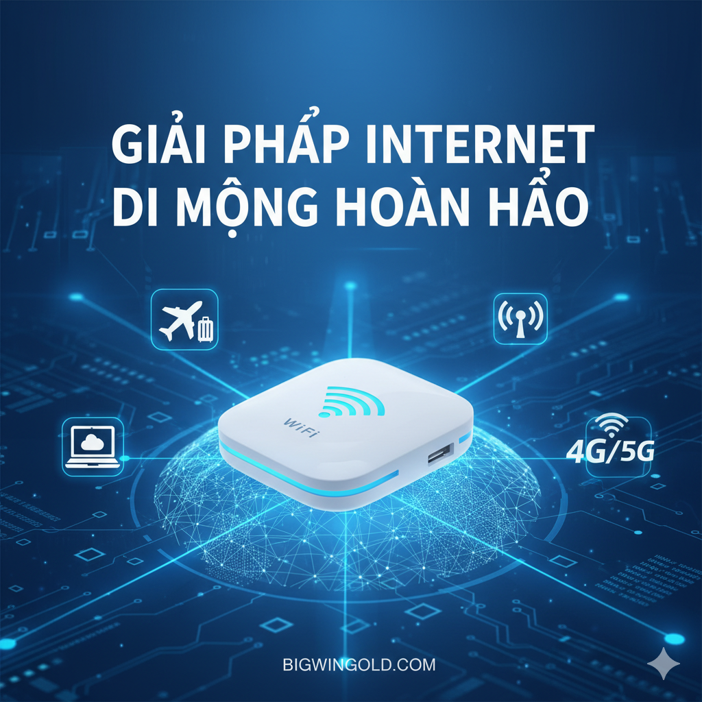 Ảnh bìa phong cách công nghệ (Tech Style) với tông màu xanh dương (Blue) và trắng (White) chủ đạo. Hình ảnh trung tâm là một chiếc portable WiFi router có khe SIM (kiểu dáng hiện đại, nhỏ gọn) nổi bật, đặt trên bản đồ thế giới cách điệu hoặc một bề mặt có họa tiết sóng WiFi. Xung quanh là các biểu tượng nhỏ tượng trưng cho du lịch (Travel), làm việc từ xa (Remote Work), và tín hiệu 4G/5G mạnh mẽ. Tiêu đề lớn, nổi bật: 'Giải Pháp Internet Di Động Hoàn Hảo' hoặc tiêu đề bài viết.