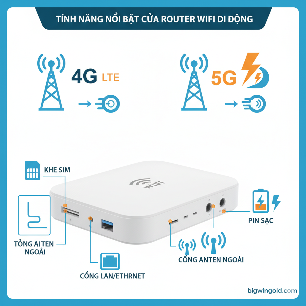Hình ảnh minh họa cho phần 'Các Yếu Tố Quan Trọng Khi Lựa Chọn', tập trung vào Tốc độ (4G vs 5G) và Cổng kết nối. Bố cục chia làm hai nửa: một bên có biểu tượng 4G LTE (tốc độ tiêu chuẩn) và một bên là biểu tượng 5G (tốc độ siêu nhanh) với tia sét. Ở phía dưới, làm nổi bật hình ảnh chi tiết của một chiếc router với khe SIM, cổng LAN/Ethernet và cổng Anten ngoài được đánh dấu rõ ràng. Phong cách infographic rõ ràng, sử dụng các icon công nghệ để minh họa.