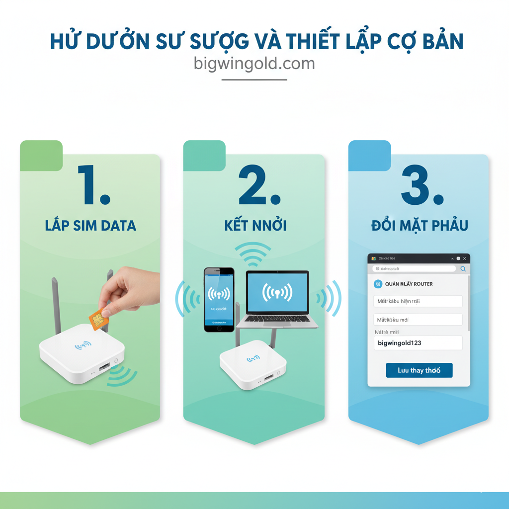 Hình ảnh minh họa cho phần 'Hướng Dẫn Sử Dụng và Thiết Lập Cơ Bản'. Sử dụng bố cục 3-4 bước tuần tự như một infographic hướng dẫn. Bắt đầu với 'Bước 1: Lắp SIM Data' (minh họa bàn tay đang lắp một chiếc SIM vào khe của router), tiếp theo là 'Bước 2: Kết nối' (minh họa điện thoại/laptop đang kết nối với sóng WiFi), và 'Bước 3: Đổi Mật khẩu' (minh họa màn hình giao diện quản lý router). Hình ảnh cần rõ ràng, dễ hiểu, sử dụng màu sắc tươi sáng, từng bước được đánh số.