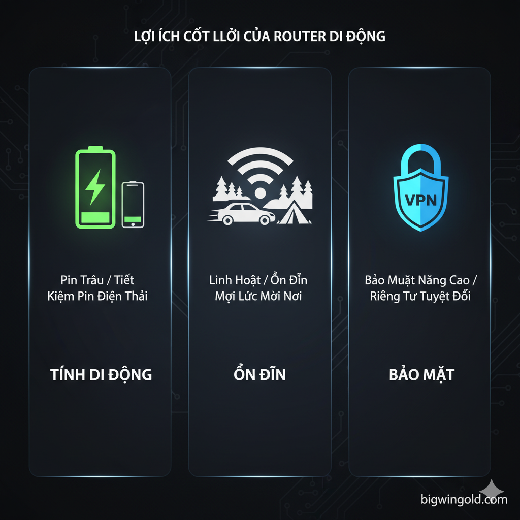 Hình ảnh minh họa cho phần 'So Sánh Các Dòng Sản Phẩm'. Trưng bày 3-4 sản phẩm tiêu biểu thuộc các phân khúc khác nhau: một mẫu Netgear Nighthawk (Cao cấp, 5G), một mẫu GL.iNet (Bảo mật, Remote Work), và một mẫu TP-Link/Huawei (Phổ thông, Giá rẻ). Các thiết bị được sắp xếp theo một đường thẳng hoặc trên một bảng so sánh trực quan, có chú thích tên hãng/model ngắn gọn. Phía sau có thể có một nền màu cam/vàng nhạt (tông màu của bigwingold.com) để tạo điểm nhấn mua sắm.