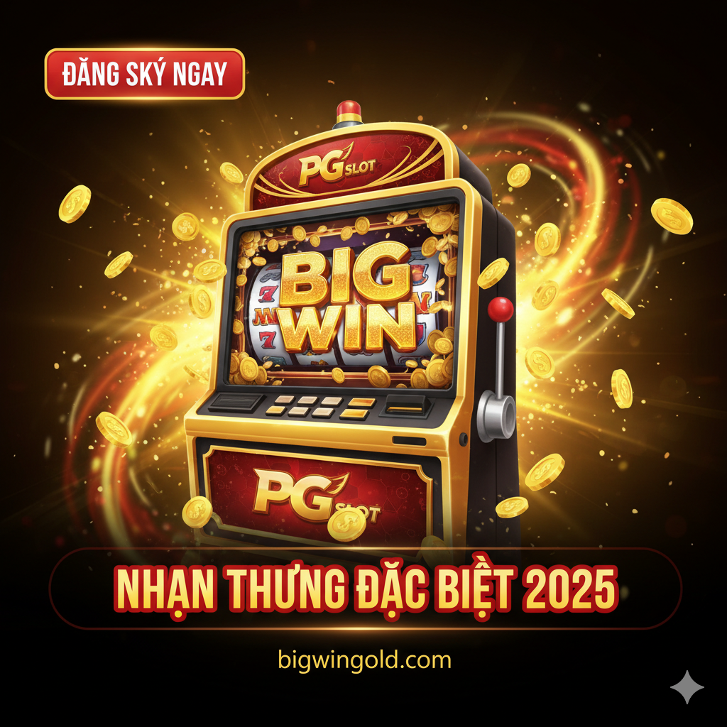 Thiết kế một ảnh bìa có tác động mạnh, nhấn mạnh “PG Slot Mới Nhất” và “Bigwingold”. Màu sắc chủ đạo là vàng, đỏ và đen để tạo không khí cờ bạc sang trọng và kích thích. Ở giữa là màn hình máy đánh bạc đặc trưng của trò chơi PG Slot mới nhất, hiển thị chữ “JACKPOT” hoặc “BIG WIN” lớn, được bao quanh bởi tiền vàng lấp lánh. Góc trên bên trái hoặc bên phải có yếu tố trực quan của nút CTA “Đăng Ký Ngay” hoặc “Apply Now” rõ ràng. Bố cục tổng thể tập trung vào trung tâm hoặc đường chéo để làm nổi bật chủ đề, nền được làm mờ để nhấn mạnh, văn bản bằng tiếng Việt in đậm, chỉ rõ “Nhận Thưởng Đặc Biệt 2025”.