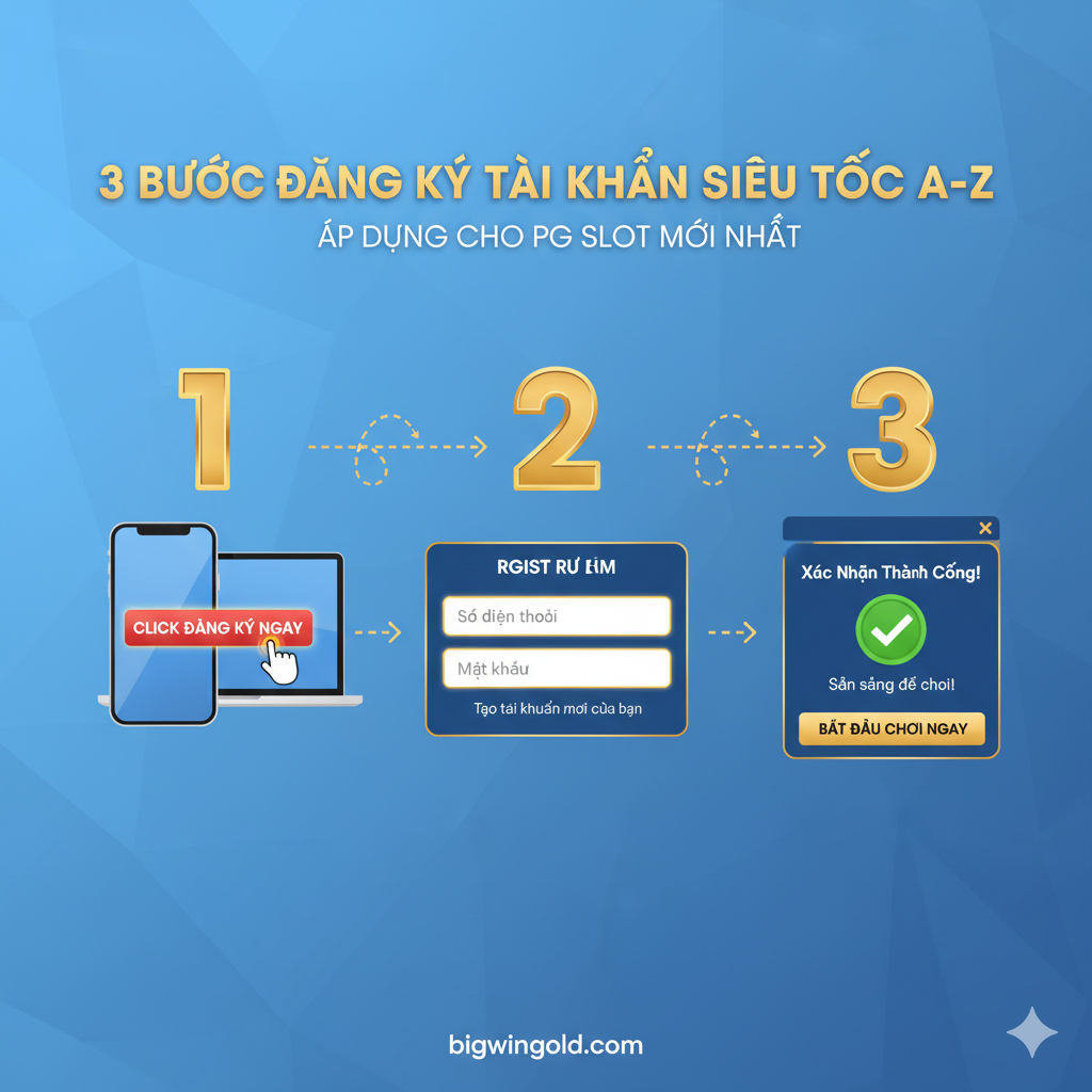 Một sơ đồ hướng dẫn đơn giản, rõ ràng, minh họa “3 Bước Đăng Ký Tài Khoản”. Sử dụng phong cách Infographic với nền màu sáng (xanh dương hoặc xanh lá cây) và các số 1, 2, 3 màu vàng. Bước 1: Màn hình máy tính/điện thoại hiển thị nút “Click ĐĂNG KÝ NGAY” màu đỏ. Bước 2: Một biểu mẫu đăng ký đơn giản, làm nổi bật các trường “Số điện thoại” và “Mật khẩu”. Bước 3: Một cửa sổ pop-up với “Xác Nhận” và dấu tick, báo hiệu đăng ký thành công và có thể bắt đầu chơi. Các mũi tên hoặc đường quy trình kết nối ba bước này, nhấn mạnh tính “Siêu Tốc” và “A-Z” đơn giản của quá trình.