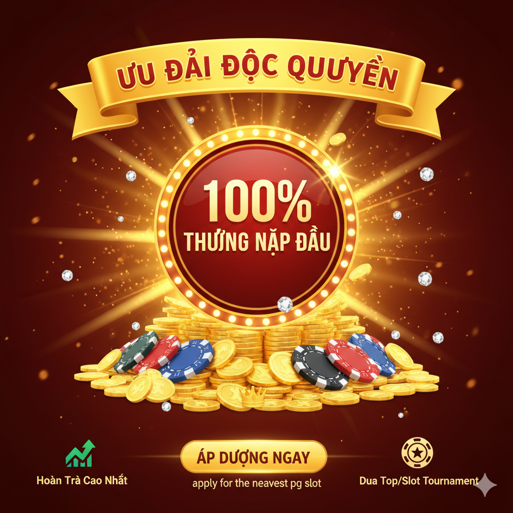 Một hình ảnh lợi thế nhấn mạnh “Ưu Đãi Độc Quyền”. Hình ảnh tập trung vào các yếu tố tiền bạc và phần thưởng. Trọng tâm là một huy hiệu hoặc banner lớn, lấp lánh với dòng chữ “100% Thưởng Nạp Đầu”, bên cạnh là đống tiền vàng và chip. Ở dưới cùng hoặc bên cạnh, sử dụng các biểu tượng nhỏ và văn bản để làm nổi bật các ưu đãi khác: “Hoàn Trả Cao Nhất (biểu tượng mũi tên lên)” và “Đua Top/Slot Tournament (biểu tượng cúp vàng)”. Màu sắc tổng thể có độ bão hòa cao, chủ yếu là vàng và đỏ, tạo cảm giác giá trị mạnh mẽ và tín hiệu trực quan về “Conversion Value” cao, thu hút người dùng “apply for the newest pg slot” ngay lập tức.
