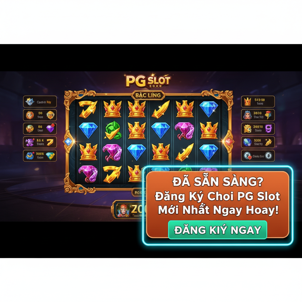 Một hình ảnh kết hợp tóm tắt và CTA (Kêu gọi hành động). Chủ đề chính là màn hình trò chơi PG Slot đầy năng lượng (một trong những trò chơi mới nhất), chiếm phần lớn không gian. Phía dưới hoặc bên phải, một biểu ngữ hoặc bong bóng đối thoại nổi bật với dòng chữ tiếng Việt: “Đã Sẵn Sàng? Đăng Ký Chơi PG Slot Mới Nhất Ngay Hôm Nay!”. Phía dưới văn bản là một nút bấm lớn, có thể nhấp vào, “Bắt Đầu Chơi” hoặc “ĐĂNG KÝ NGAY”. Phong cách tràn đầy năng lượng, màu sắc tương phản mạnh mẽ, hướng dẫn người dùng hành động ngay lập tức sau khi đọc bài viết, hoàn thành mục tiêu cuối cùng là “apply for the newest pg slot”.