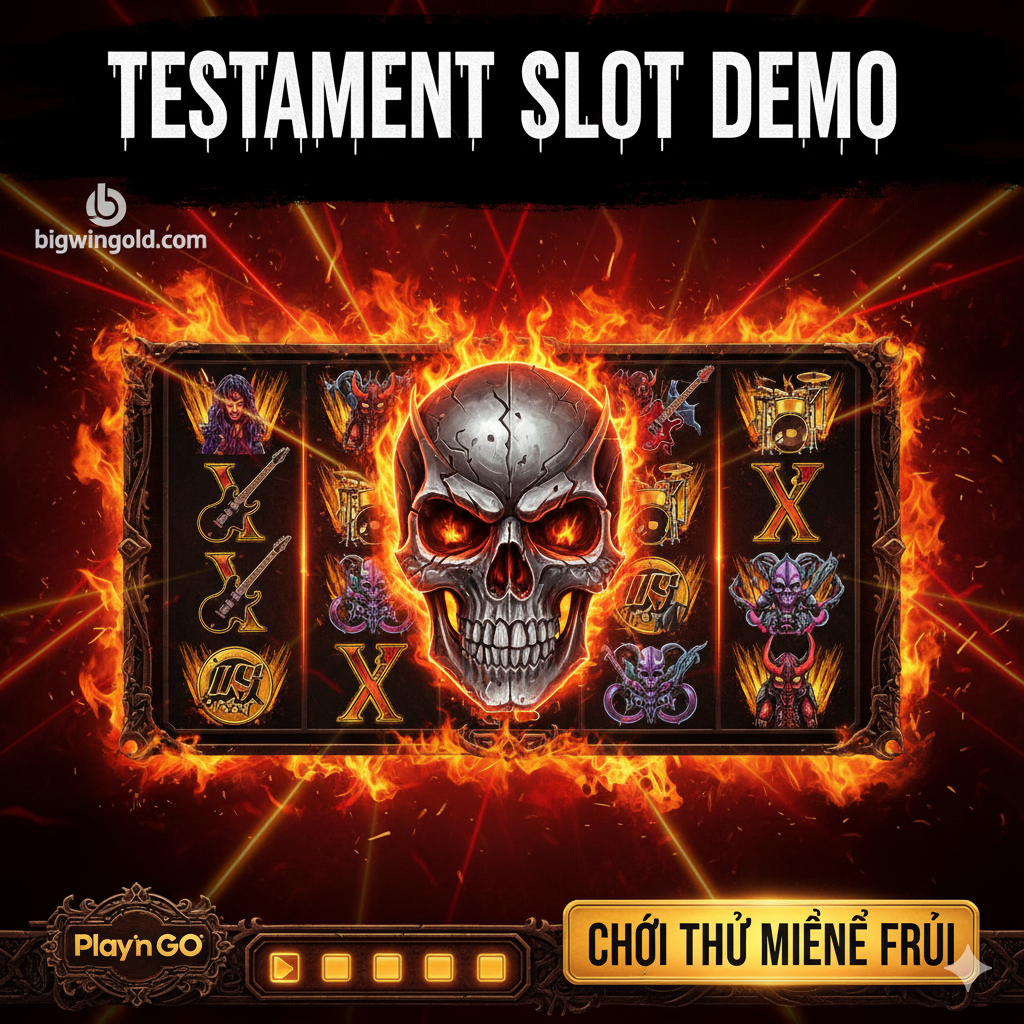 Một bức ảnh bìa bắt mắt, pha trộn giữa phong cách heavy metal rock và chủ đề máy đánh bạc. Chủ thể chính là logo của ban nhạc Testament hoặc một đầu lâu cách điệu (Skull Wild) nằm ở trung tâm giao diện máy đánh bạc. Bối cảnh là lửa, bóng tối hoặc hiệu ứng ánh sáng sân khấu, làm nổi bật chủ đề 'độ biến động cao' và 'rock' của trò chơi. Màu sắc chủ đạo là đỏ sẫm, đen và vàng, tạo nên một bầu không khí căng thẳng và ly kỳ. Bức ảnh cần hiển thị rõ logo của Play'n GO và cụm từ 'Testament Slot Demo', đồng thời ngụ ý thương hiệu bigwingold.com, hướng người dùng nhấp vào để trải nghiệm.