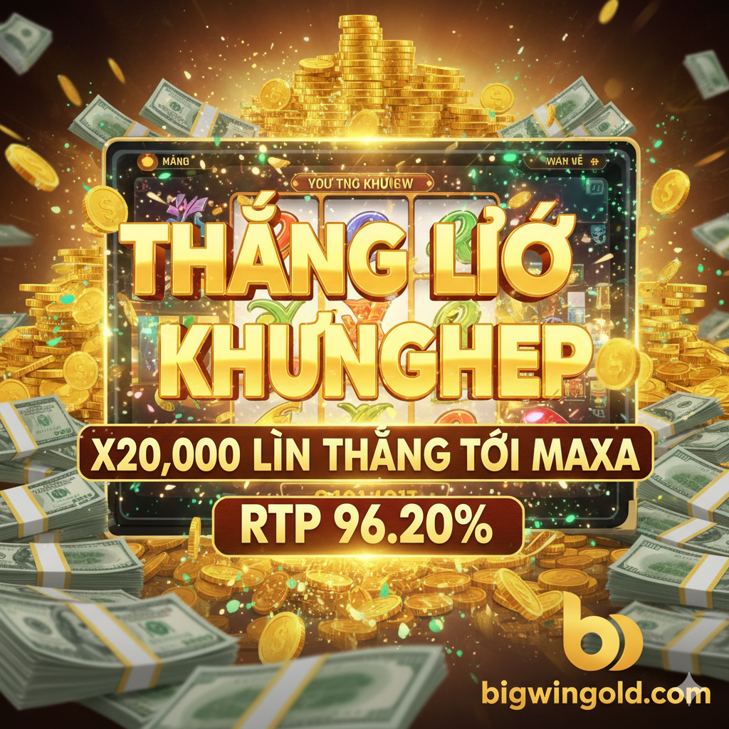 Hình ảnh nhấn mạnh lợi thế của trò chơi và lợi nhuận cao. Các yếu tố cốt lõi là các con số giải thưởng khổng lồ, ví dụ: dòng chữ vàng 'x20,000 Max Win' hoặc 'RTP 96.20%', tỏa sáng phía trên giao diện 'BIG WIN' hoặc 'EPIC WIN' bùng nổ của máy đánh bạc. Bối cảnh có thể là một đống tiền vàng hoặc tiền mặt chất đống, khéo léo lồng ghép logo thương hiệu bigwingold.com, cho thấy nền tảng này là lựa chọn tốt nhất để đạt được những giải thưởng khổng lồ. Bố cục phải có tác động mạnh mẽ, thể hiện sự phấn khích và tiềm năng tài chính mà trò chơi có độ biến động cao mang lại.