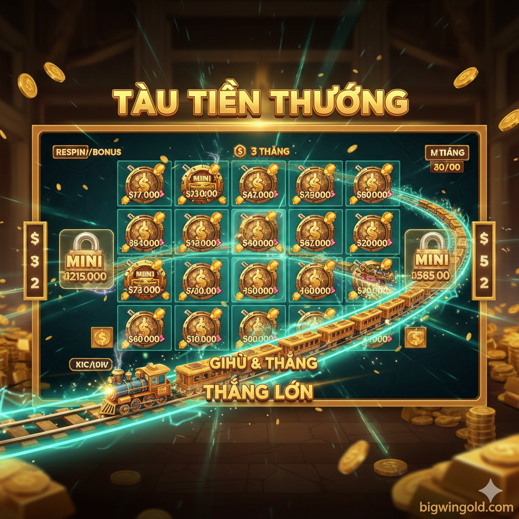 Ảnh hướng dẫn cách chơi, mô phỏng giao diện người dùng của Cash Locomotive trên nền tảng bigwingold.com (tông màu tối/vàng phù hợp với sòng bạc trực tuyến). Ảnh nên tập trung vào khu vực điều khiển đặt cược (Bet Size) và nút Quay (Spin). Có một mũi tên hoặc điểm nhấn hình học đơn giản chỉ vào nút Bet Size, minh họa 'Quản lý Tiền cược'. Một pop-up nhỏ mờ ảo có thể hiển thị các dòng chữ tiếng Việt như 'Bắt đầu Quay', 'Cược Tối Đa', hoặc 'Chọn Cấp Độ Cược' để tăng tính hướng dẫn. Phong cách giao diện rõ ràng, hiện đại.