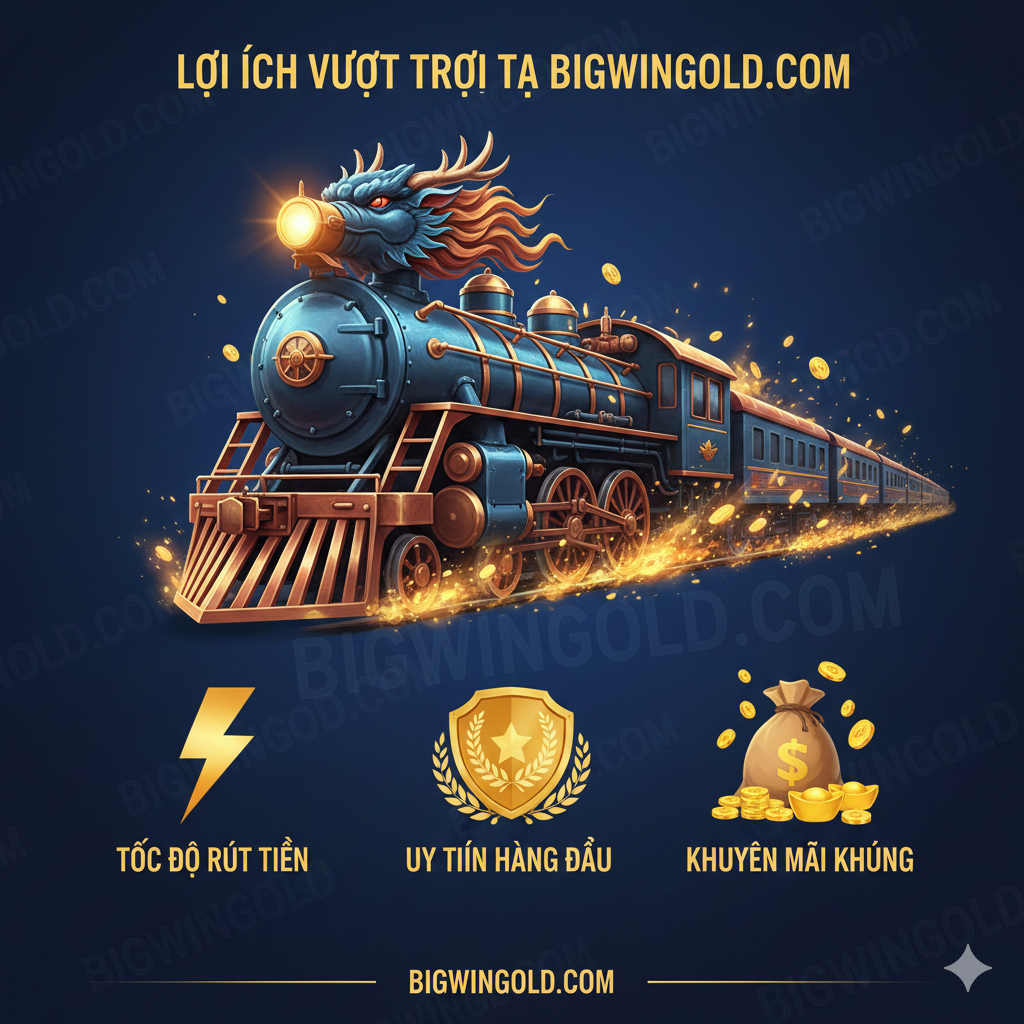 Ảnh quảng bá ưu điểm khi chơi tại bigwingold.com. Hình ảnh kết hợp biểu tượng của Cash Locomotive (tàu hỏa/rồng) với các yếu tố đại diện cho bigwingold: Tốc độ (hình tia chớp), Uy tín (hình chiếc khiên hoặc huy chương vàng) và Khuyến mãi (hình túi tiền hoặc đồng xu vàng rơi). Nền ảnh có thể là logo hoặc màu sắc thương hiệu của bigwingold (nếu có thể xác định). Bố cục sử dụng 3 biểu tượng chính (Tốc độ Rút Tiền, Uy Tín, Khuyến Mãi) sắp xếp theo hàng ngang hoặc hình tam giác, có chú thích ngắn gọn bằng tiếng Việt, tạo cảm giác an toàn và lợi ích khi chơi.