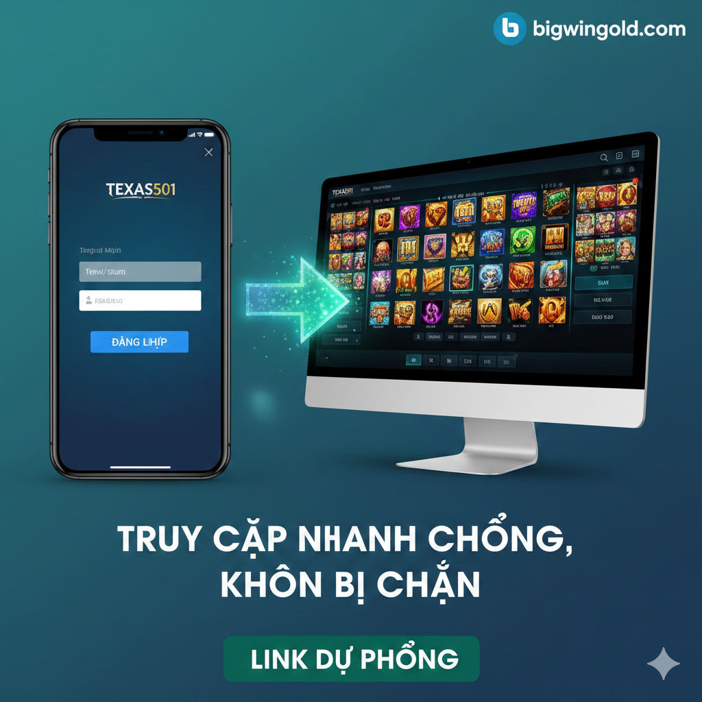 Chức năng hình ảnh, thể hiện sự tiện lợi của việc truy cập đa nền tảng. Phía bên trái màn hình là màn hình điện thoại, hiển thị giao diện đăng nhập di động của TEXAS501 (hộp nhập tên người dùng/mật khẩu đơn giản và nút เข้า สู่ ระบบ), bên phải là màn hình máy tính, hiển thị giao diện trò chơi máy slot, nhấn mạnh sự đa dạng của trò chơi. Ở giữa được kết nối bằng một mũi tên sáng bóng, và văn bản bên dưới mũi tên làm nổi bật “Truy Cập Nhanh Chóng, Không Bị Chặn”. Màu sắc chủ yếu là xanh lam và xanh lục, đại diện cho sự ổn định và hiệu quả, làm nổi bật đặc điểm của Link Dự Phòng.