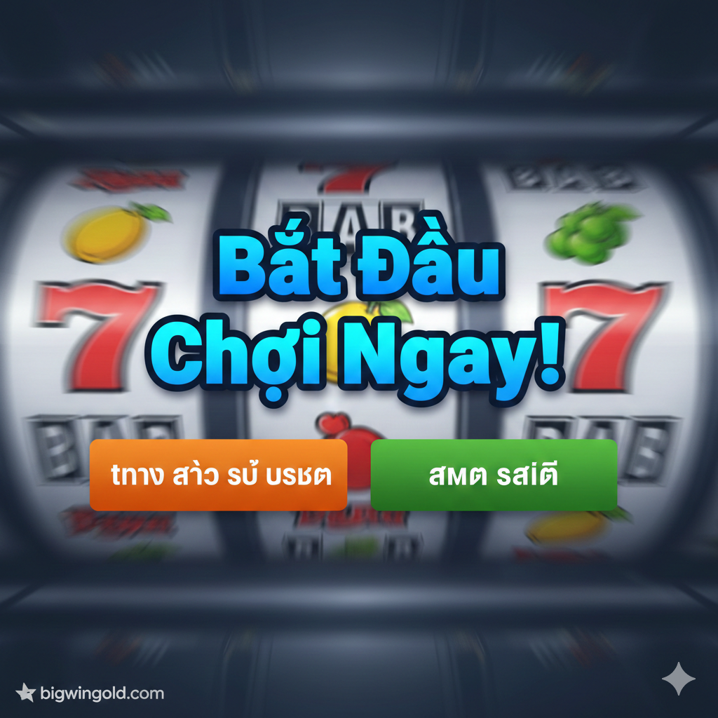 Hình ảnh tóm tắt và kêu gọi hành động. Trung tâm của hình ảnh là một văn bản nổi bật, có hiệu ứng gradient “Bắt Đầu Chơi Ngay!”. Bên dưới là hai nút lớn song song: một nút màu cam ghi “ทาง เข้า สู่ ระบบ”, và một nút màu xanh lục ghi “สมัคร สมาชิก”. Bối cảnh là hiệu ứng mờ của các cuộn máy đánh bạc động, ngụ ý trò chơi bắt đầu ngay lập tức. Logo bigwingold.com nhỏ nằm ở góc dưới cùng của hình ảnh, làm chứng thực cho sự hợp tác chính thức.