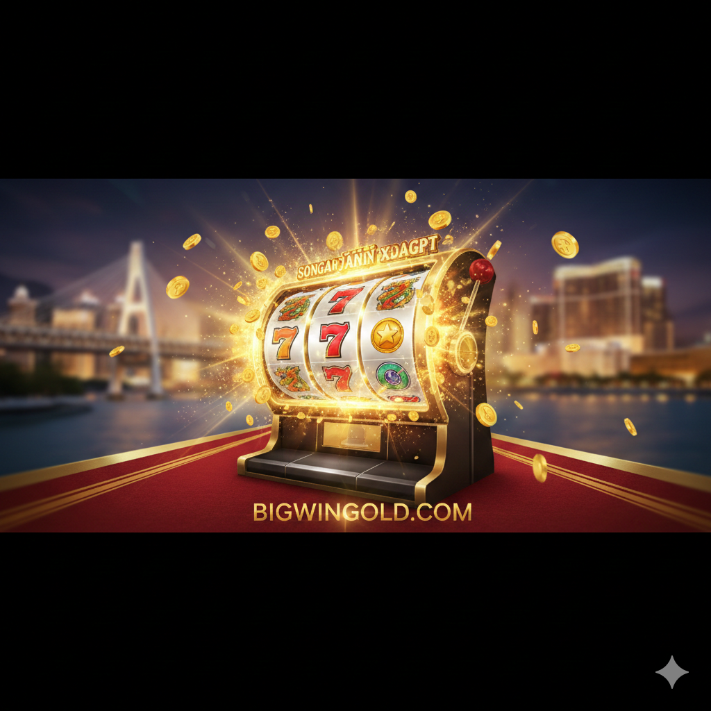 Một hình ảnh đại diện (cover) theo phong cách hiện đại và sang trọng, tập trung vào chủ đề Macau Casino và Slot Game. Hình ảnh nên có màu sắc chủ đạo là vàng kim, đen và đỏ đậm (màu sắc xa hoa của sòng bạc). Yếu tố trung tâm là một vòng quay Slot Game (Reel) đang nổ hũ (Jackpot) với các biểu tượng may mắn như đồng xu vàng, thỏi vàng, rồng, hoặc số 7 may mắn, kèm theo hiệu ứng ánh sáng lấp lánh và các tia sáng bùng nổ. Nền có thể là hình ảnh biểu tượng của Macau (cầu, tòa nhà sang trọng) làm mờ (bokeh) hoặc một tấm thảm đỏ sang trọng. Góc nhìn cận cảnh tạo cảm giác kích thích, nhấn mạnh cơ hội chiến thắng lớn. Logo hoặc tên Bigwingold.com nên được tích hợp một cách tinh tế.