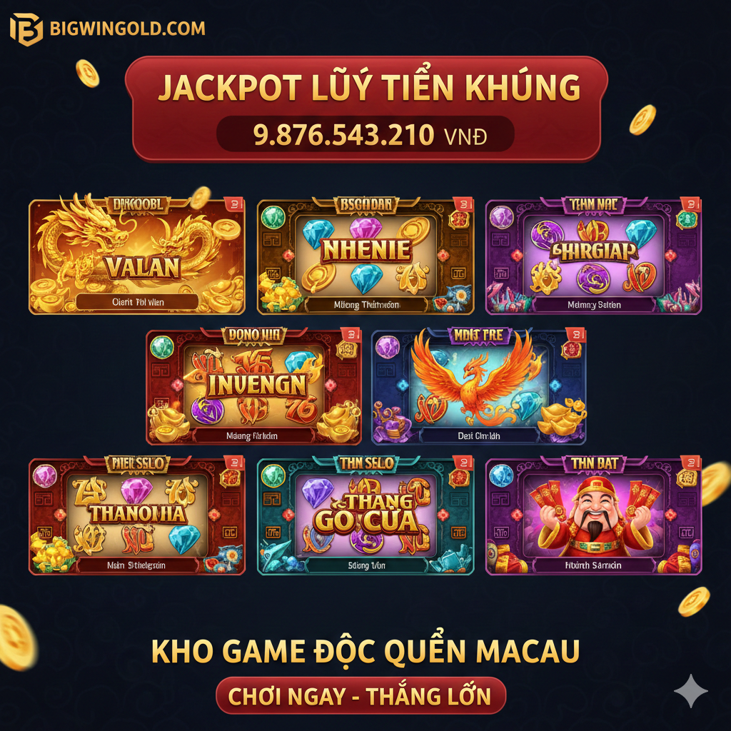 Hình ảnh minh họa cho các tính năng độc quyền (Kho Game Slot Macau Độc Quyền và Jackpot Lũy Tiến). Hình ảnh nên thể hiện một màn hình giao diện trò chơi Slot trực tuyến (Mobile/Desktop) với nhiều tựa game Slot mang phong cách Á Đông (Rồng Vàng, Phượng Hoàng, Thần Tài). Ở phía trên màn hình trò chơi, cần có một bảng hiển thị 'Progressive Jackpot' với con số tiền thưởng lớn đang nhảy số (hàng tỷ VNĐ), gây ấn tượng về mức thưởng khổng lồ. Bố cục sử dụng nhiều khung hình nhỏ để giới thiệu đa dạng các Slot Game khác nhau, thể hiện sự phong phú của kho game. Phong cách đồ họa 3D, sắc nét, với màu sắc rực rỡ và lôi cuốn.