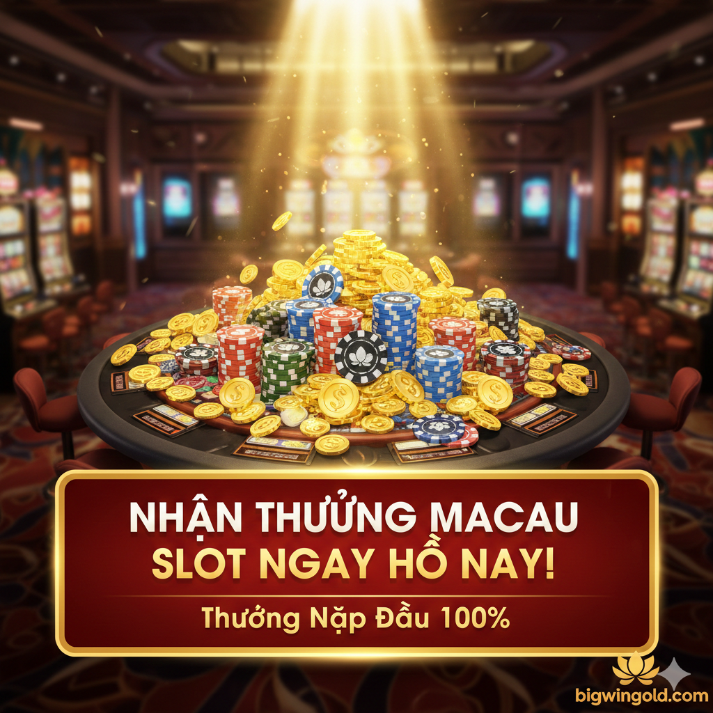 Hình ảnh tổng kết và kêu gọi hành động (CTA), tập trung vào các chương trình khuyến mãi Macau Slot hấp dẫn. Hình ảnh nên là một sự kết hợp của tiền vàng, chip casino Macau, và một banner/biển báo nổi bật với dòng chữ 'NHẬN THƯỞNG MACAU SLOT NGAY HÔM NAY!' hoặc 'Thưởng Nạp Đầu 100%'. Ánh sáng sân khấu rực rỡ, tạo cảm giác một sự kiện lớn, một cơ hội không thể bỏ qua. Phông nền là một sòng bạc ảo lộng lẫy, có thể là góc nhìn từ trên cao xuống một bàn Slot Machine đang được bao quanh bởi tiền thưởng. Sử dụng font chữ lớn, đậm nét và màu sắc tương phản cao (vàng kim trên nền đen/đỏ) để tăng tính thu hút và thúc giục hành động.