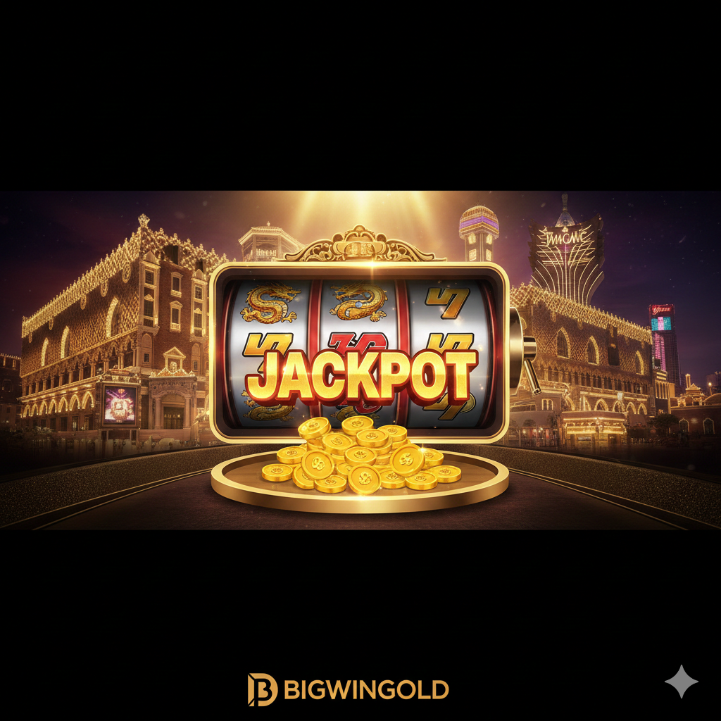 Ảnh bìa phong cách sang trọng và kịch tính, chủ đạo là màu vàng kim, đỏ đậm và đen. Trung tâm là một cuộn quay Slot (Reel) đang dừng lại với các biểu tượng Macau truyền thống như Rồng Vàng, Tiền Vàng (Coi), và chữ 'Jackpot' lớn lấp lánh. Phía sau cuộn Slot là hình ảnh mờ ảo của các tòa nhà sòng bạc nổi tiếng Macau (ví dụ: Venetian hoặc Wynn Macau). Góc dưới có logo hoặc tên 'BIGWINGOLD' nổi bật, tạo cảm giác về một nền tảng cá cược uy tín và xa hoa. Ánh sáng mạnh chiếu từ trên xuống, làm nổi bật sự giàu có và cơ hội chiến thắng lớn.