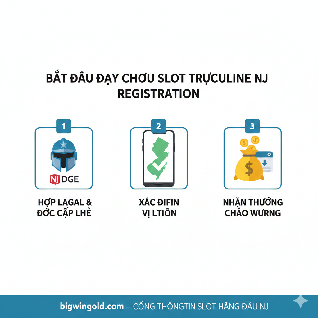 Ảnh minh họa quy trình 'Đăng ký và bắt đầu chơi', với bố cục dạng bước đi (step-by-step). Hình ảnh thể hiện một chuỗi ba khung hình nhỏ (hoặc 3 bước được đánh số) trên nền trắng sạch sẽ. Bước 1: Icon Mũ bảo hiểm NJ DGE (NJ DGE Helmet Icon) và chữ 'Hợp Pháp & Giấy Phép'. Bước 2: Icon điện thoại thông minh với bản đồ New Jersey (Geolocation) và dấu tích. Bước 3: Icon một túi tiền (money bag) hoặc đồng xu rơi vào tài khoản và chữ 'Nhận Bonus Chào Mừng'. Phong cách phẳng (flat design) hoặc minh họa vector đơn giản, dễ hiểu, hướng dẫn người chơi mới bắt đầu chơi 'legal online slots nj'.