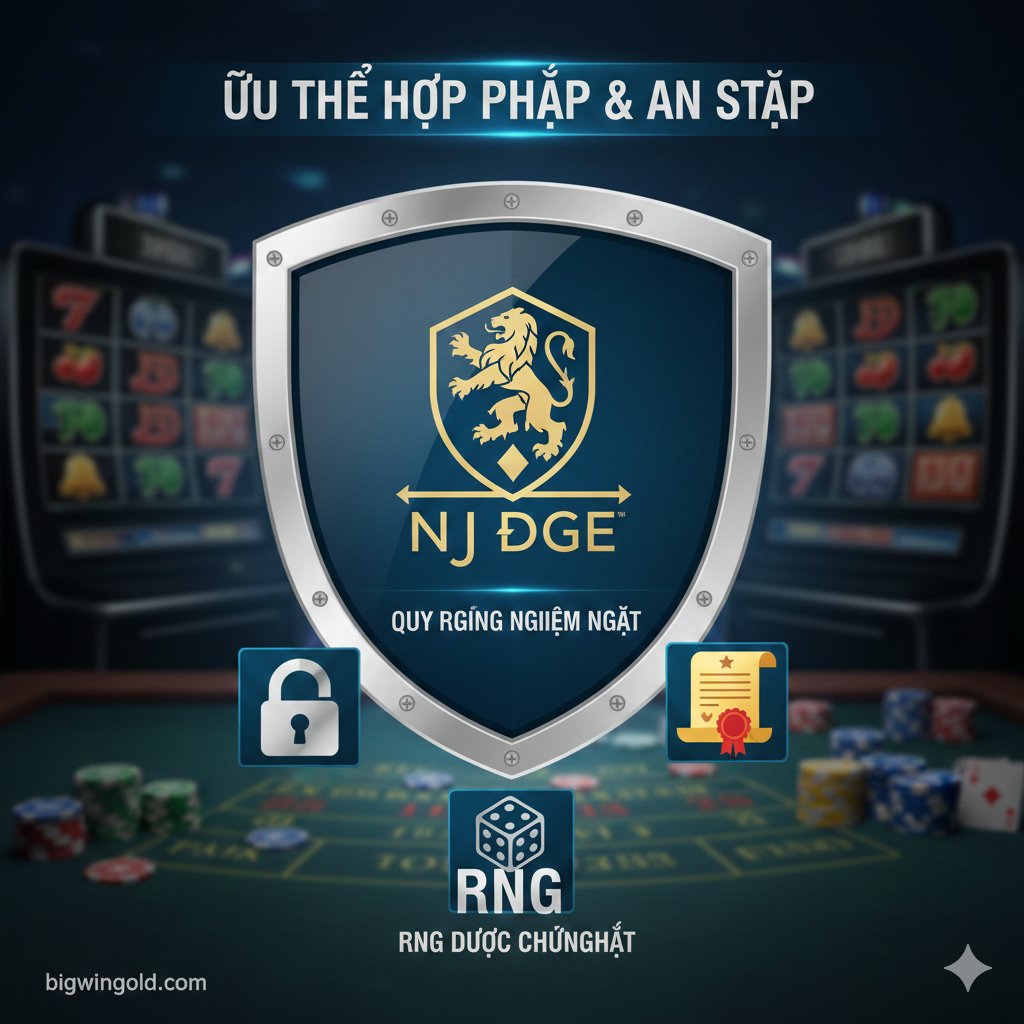 Ảnh nhấn mạnh ưu thế về tính hợp pháp và an toàn của thị trường NJ. Hình ảnh là một chiếc khiên (shield) màu bạc hoặc xanh dương, ở giữa có logo cách điệu của New Jersey DGE (Division of Gaming Enforcement) hoặc biểu tượng tương tự. Chiếc khiên được đặt trên nền mờ của một bàn chơi casino (hoặc màn hình slot) và được bao quanh bởi các biểu tượng liên quan đến an toàn như Khóa bảo mật (Padlock), Giấy phép (License Scroll) và Chứng nhận RNG (Dice/Random number icon). Tông màu Xanh dương và Bạc kim loại, truyền tải sự 'Authority & Trust' (Tính Thẩm Quyền và Tin Cậy) cho các trang 'top slot sites new jersey'.