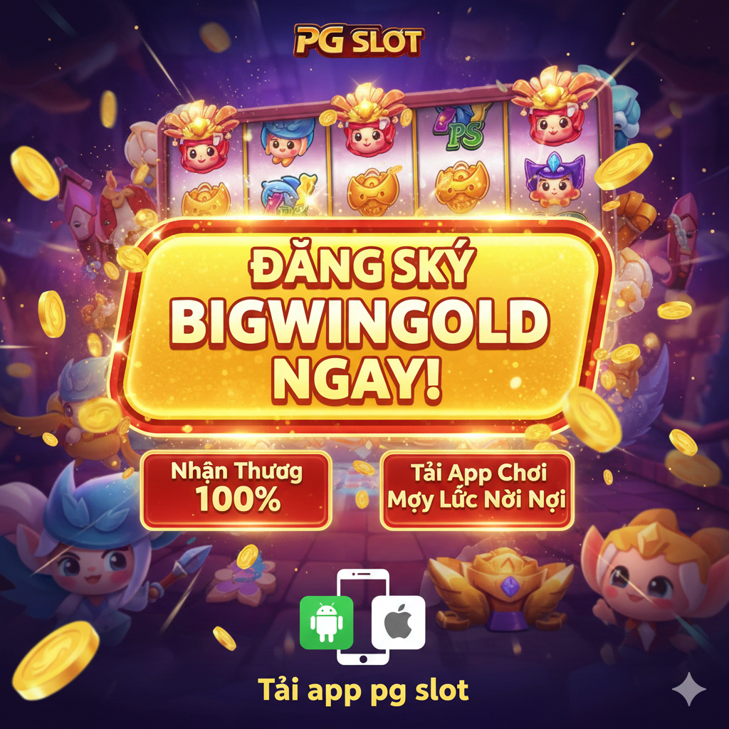 Hình ảnh tổng hợp và kêu gọi hành động. Hình nền là một cảnh trò chơi PG Slot đầy sống động, với một nút lớn hoặc yếu tố CTA ở trung tâm, viết bằng tiếng Việt là “ĐĂNG KÝ BIGWINGOLD NGAY!” (Đăng ký Bigwingold ngay!). Bên dưới hoặc xung quanh nó, các ưu điểm chính được làm nổi bật bằng chữ nhỏ: “Nhận Thưởng 100%” và “Tải App Chơi Mọi Lúc Mọi Nơi”. Biểu tượng ứng dụng di động (Android và iOS) được thêm vào phía dưới, cùng với văn bản “Tải app pg slot”, để hướng người dùng tải xuống ứng dụng. Thiết kế tổng thể đầy khẩn cấp và hấp dẫn, với độ bão hòa màu cao để khuyến khích người dùng hành động ngay lập tức.