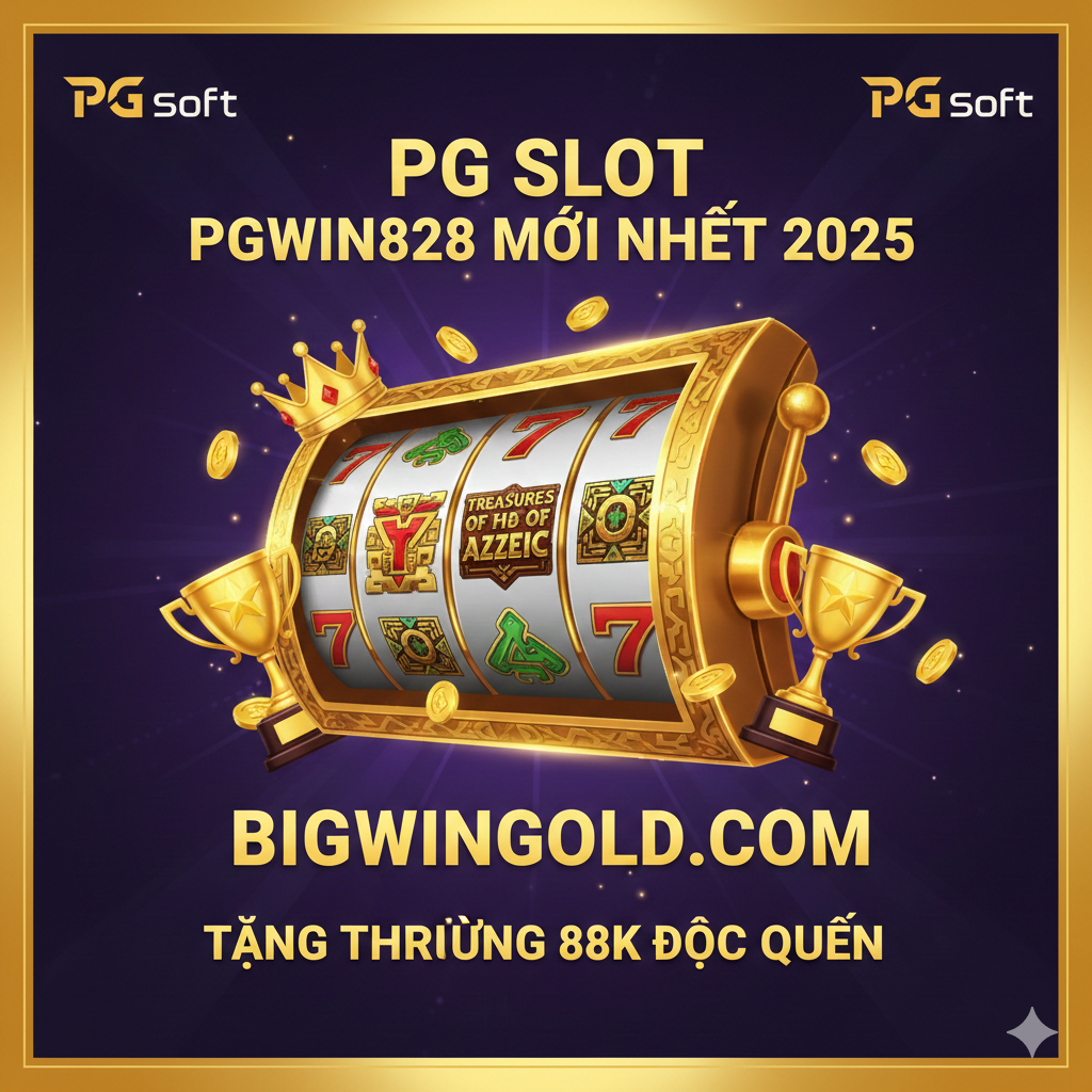Một引人注目的封面图，主题为'PG SLOT PGWIN828 MỚI NHẤT 2025'。主色调采用PG Soft标志性的金色和紫色/深蓝色，营造出高端和奢华的赌场氛围。画面中央是一个巨大的老虎机转轮或PG Soft的标志性游戏（如Treasures of Aztec），下方或侧边显眼位置用金色大字突出'BIGWINGOLD.COM'和'TẶNG THƯỞNG 88K ĐỘC QUYỀN'的促销信息，并配有闪耀的金币和胜利的元素（皇冠或奖杯）。整体构图应充满活力，吸引用户点击。
