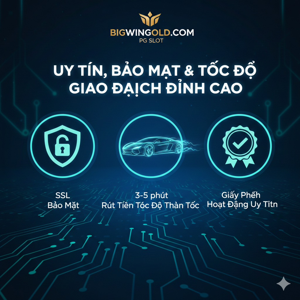 优势特点图,强调Bigwingold相对于竞争对手(如PGwin828)的优势:'Uy Tín, Bảo Mật & Tốc Độ Giao Dịch Đỉnh Cao'。图片应包含三个核心图标或元素:1. 一个盾牌或锁头(代表SSL Bảo Mật);2. 一个闪电或跑车(代表3-5 phút Rút Tiền Tốc Độ Thần Tốc);3. 一个官方执照或认证徽章(代表Giấy Phép Hoạt Động Uy Tín)。背景可以采用科技感十足的蓝色或绿色,强调平台的专业性和可靠性。