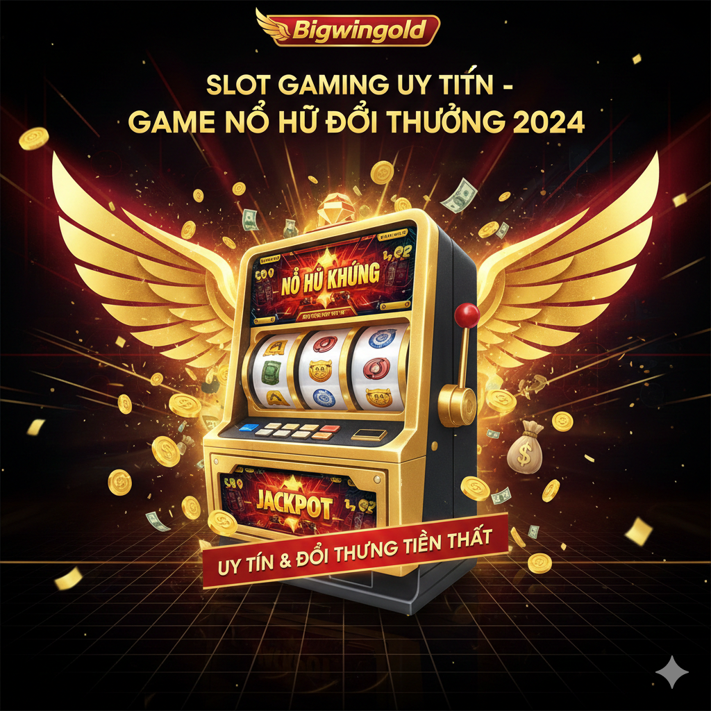 Ảnh bìa chủ đề 'Slot Gaming Uy Tín - Game Nổ Hũ Đổi Thưởng 2024' cho Bigwingold. Hình ảnh phải có phong cách hiện đại, màu sắc nổi bật (vàng kim, đỏ, đen) liên quan đến sự giàu có và may mắn. Trung tâm là một máy đánh bạc (slot machine) 3D hoặc giao diện màn hình nổ hũ lớn, với các biểu tượng tiền mặt (tiền Việt hoặc USD), biểu tượng Jackpot, và các vòng quay lấp lánh. Phải có logo/tên thương hiệu 'Bigwingold' và cụm từ 'Uy Tín' hoặc 'Đổi Thưởng Tiền Thật' bằng tiếng Việt được tích hợp một cách tinh tế. Thiết kế nên tạo cảm giác kịch tính, chiến thắng lớn.