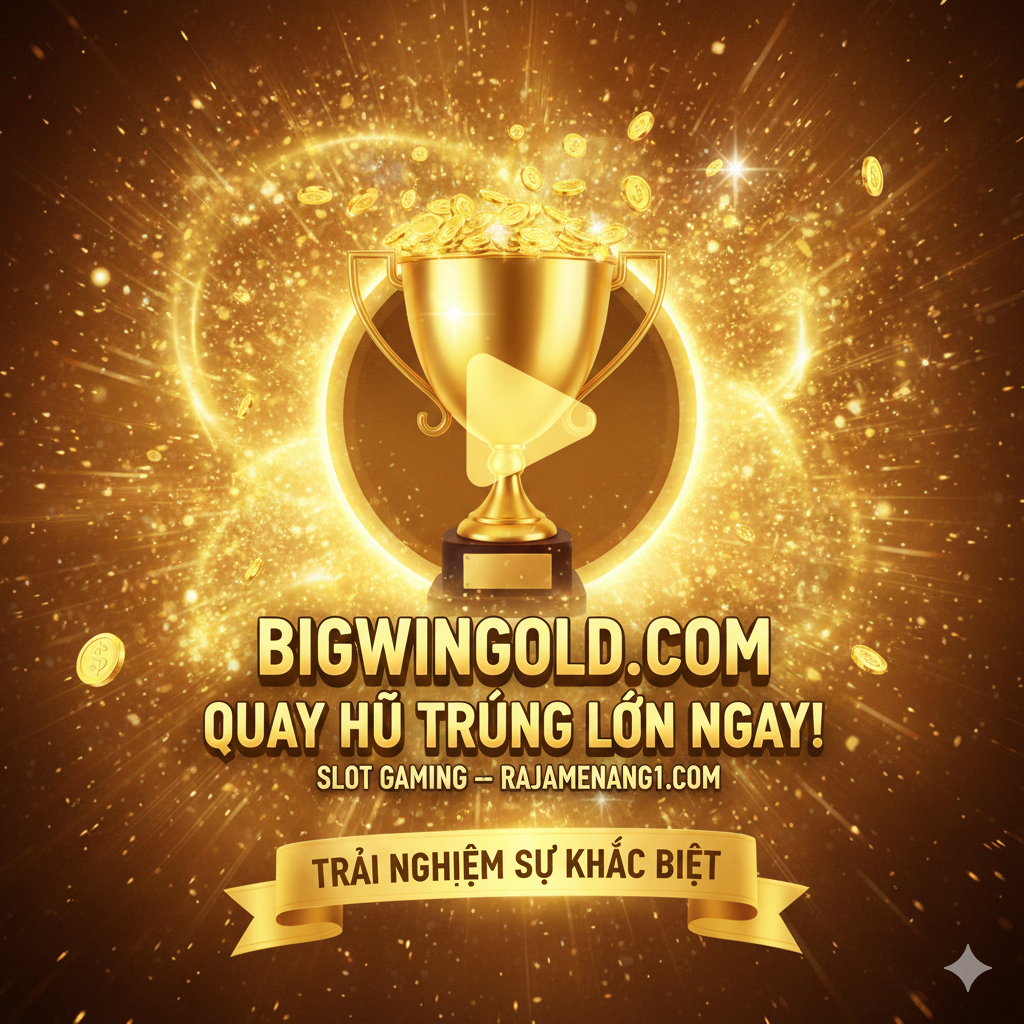 Hình ảnh tổng kết và Kêu Gọi Hành Động (CTA). Thiết kế hình ảnh mang tính thúc đẩy, là sự kết hợp của một chiếc cúp vàng (tượng trưng cho chiến thắng/nổ hũ), biểu tượng 'Bấm Ngay' lớn, và tên/logo Bigwingold. Nền phía sau là các hiệu ứng ánh sáng lấp lánh, vàng rực của tiền thưởng Jackpot. Cụm từ CTA mạnh mẽ bằng tiếng Việt như 'Trải Nghiệm Sự Khác Biệt' hoặc 'Quay Hũ Trúng Lớn Ngay!' cần được đặt ở vị trí trung tâm, rõ ràng, mời gọi người xem nhấp vào link. Hình ảnh phải tạo cảm giác đây là bước cuối cùng để đạt được phần thưởng lớn.
