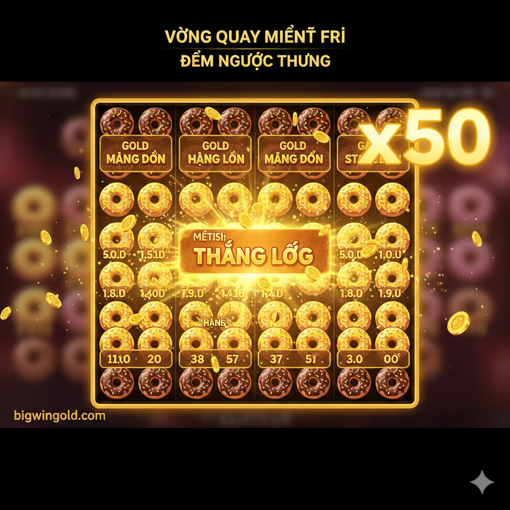 Hình ảnh minh họa cho tính năng Bonus Countdown và Free Spins Multiplier. Trưng bày một màn hình game đang ở chế độ Free Spins/Bonus Countdown, với lưới 4x4 hiển thị nhiều biểu tượng Gold Donut Scatter. Một con số 'x50' (hoặc một số nhân lớn) nổi bật ở góc trên màn hình, tượng trưng cho hệ số nhân đã được cố định. Phông nền mờ ảo, tập trung ánh sáng vào các biểu tượng Vàng và chữ 'BIG WIN' hoặc 'MULTIPLIER FIXED'. Phong cách hiện đại, ánh sáng rực rỡ, nhấn mạnh yếu tố tiền thưởng khổng lồ.