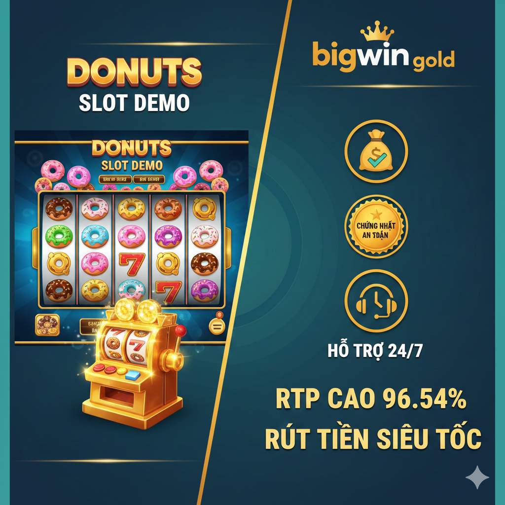 Hình ảnh quảng bá lợi ích khi chơi Donuts Slot bằng tiền thật tại bigwingold.com. Hình ảnh chia làm hai phần: một bên là giao diện game Donuts Slot đẹp mắt, một bên là các biểu tượng dịch vụ (như tiền, huy hiệu chứng nhận, hỗ trợ 24/7) và logo bigwingold.com nổi bật. Chèn thêm dòng chữ 'RTP Cao 96.54%' và 'Rút Tiền Siêu Tốc' bằng font chữ đậm. Gam màu xanh/vàng (màu nhận diện của bigwingold) kết hợp với màu sắc game. Tổng thể tạo cảm giác tin cậy, an toàn và hấp dẫn về mặt tài chính.