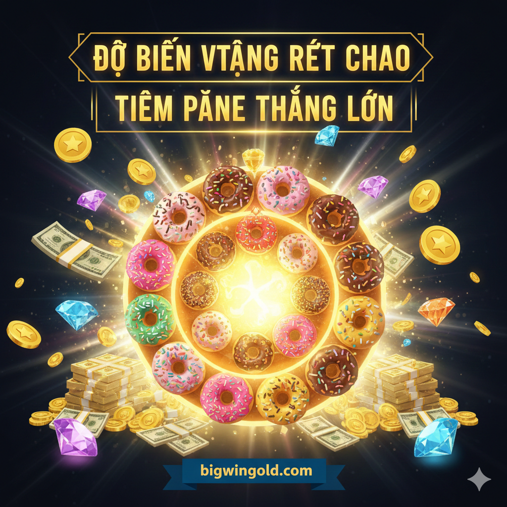 Hình ảnh tóm tắt về độ biến động cao và tiềm năng Max Win. Hiển thị một bánh xe Donut lớn tượng trưng cho game, xung quanh là các biểu tượng tiền vàng và kim cương. Nổi bật chữ 'ĐỘ BIẾN ĐỘNG RẤT CAO' và 'TIỀM NĂNG THẮNG LỚN' bằng chữ in đậm, dễ đọc. Tổng thể mang phong cách hoành tráng, tập trung vào sự giàu có và phần thưởng cuối cùng. Hình ảnh nên có sự tương phản mạnh mẽ (High Contrast) giữa các biểu tượng và nền tối/sang, để nhấn mạnh tính mạo hiểm và phần thưởng xứng đáng của game BTG này.